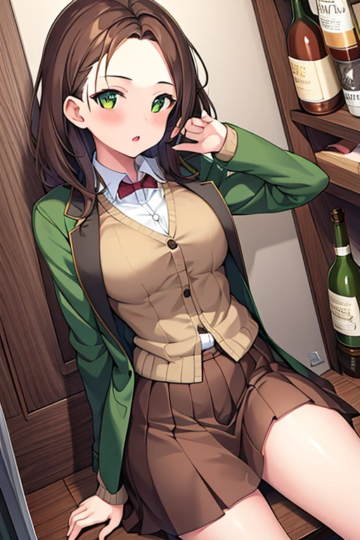 1girl, forehead, breasts, skirt, brown skirt, bar, green jacket, brown hair, medium hair, cup, 