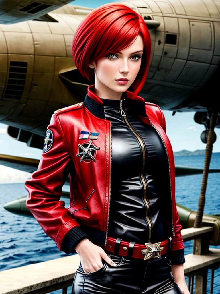 Red Bob Hairstyle, Beautiful woman, Starship captain, Bomber Jacket, Cowboy shooting, frivolous, Military bearings, permanent, pirate, On the bridge of a starship, leather