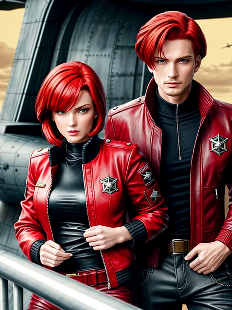 Red Bob Hairstyle, Beautiful woman, Starship captain, Bomber Jacket, Cowboy shooting, frivolous, Military bearings, permanent, pirate, On the bridge of a starship, leather