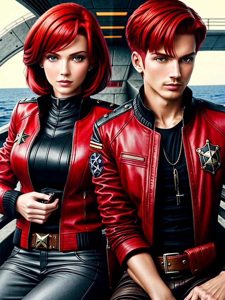 Red Bob Hairstyle, Beautiful woman, Starship captain, Bomber Jacket, Cowboy shooting, frivolous, Military bearings, permanent, pirate, On the bridge of a starship, leather
