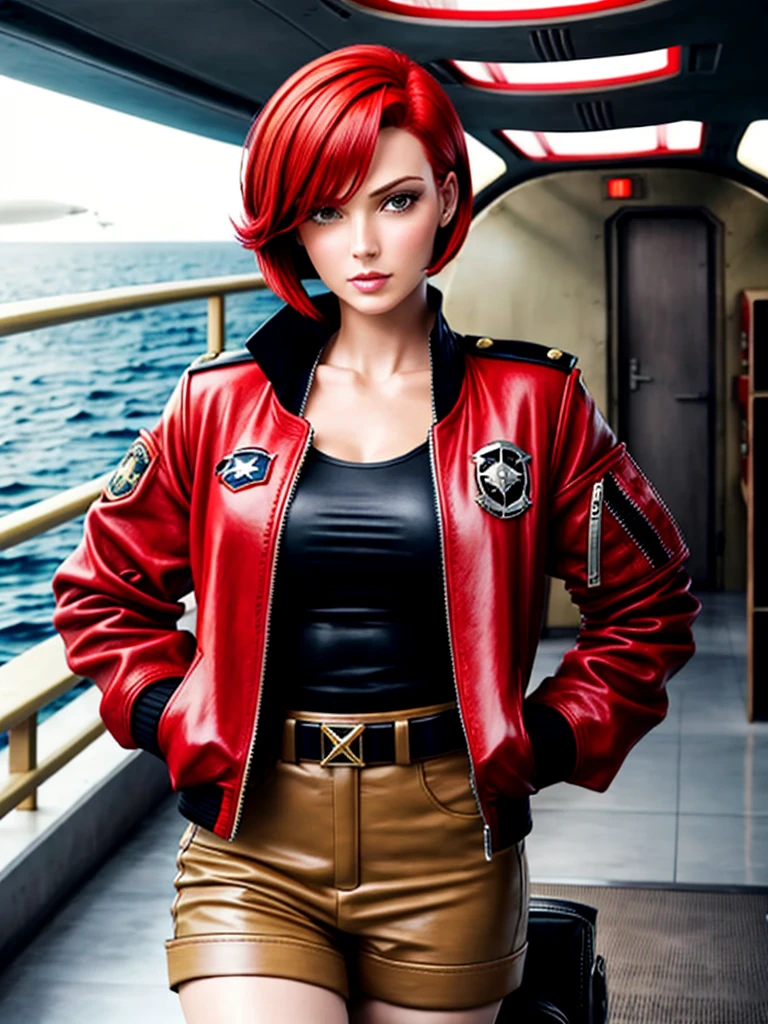 Red Bob Hairstyle, Beautiful woman, Starship captain, Bomber Jacket, Cowboy shooting, frivolous, Military bearings, permanent, pirate, On the bridge of a starship, leather