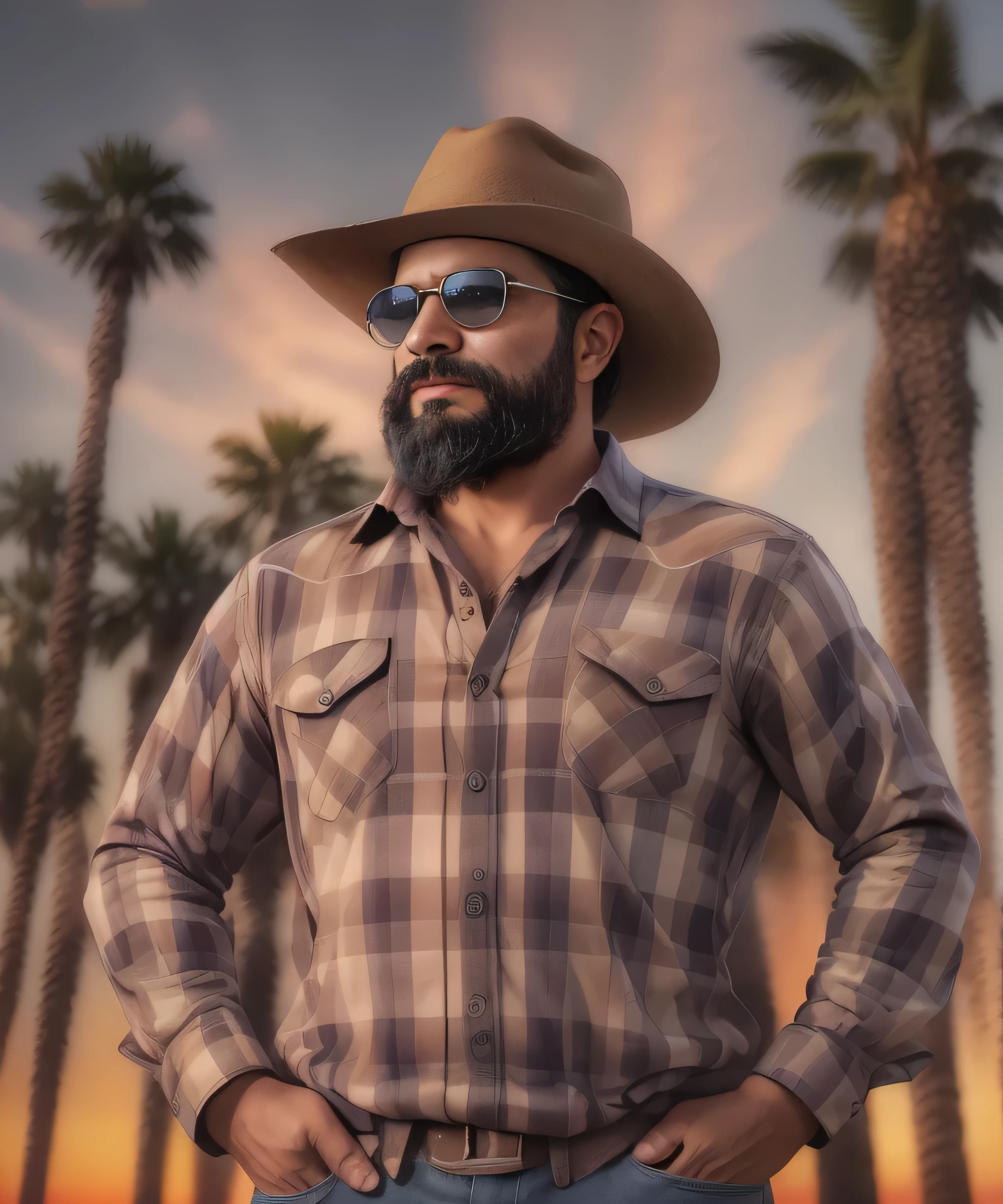 Obra maestra, desenfoque de campo, Parte superior del cuerpo, Hands in pants pockets , 38 year old man with beard., sombrero vaquero y gafas de sol. Man in a plaid shirt in a Netflix drug trafficking series with a sunset in the background.