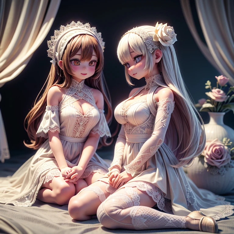 2females\((wearing beautiful delicate three-dimensional white lace:1.5),,smile,very beautiful,very delicate,body full of lace\), BREAK ,\(many roses\((made by lace:1.5)\)\) BREAK ,quality\(8k,wallpaper of extremely detailed CG unit, ​masterpiece,hight resolution,top-quality,top-quality real texture skin,hyper realisitic,increase the resolution,RAW photos,best qualtiy,highly detailed,the wallpaper,cinematic lighting,ray trace,golden ratio\),dynamic angle,macro photography,[nsfw:2.0],close up lace, worldoflace