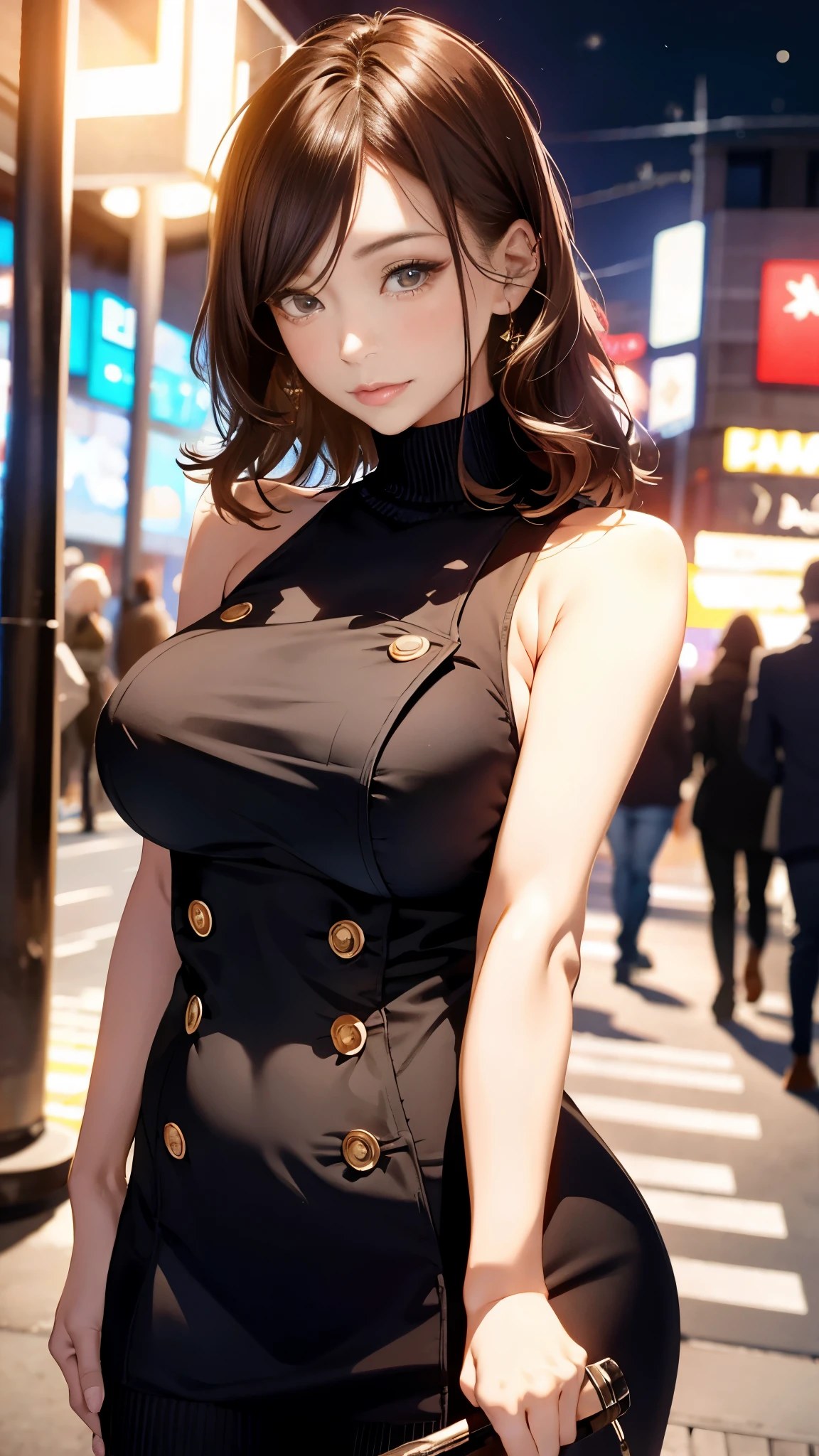 An absurd solution, High resolution, Perfect human body、Accurate human body、Detailed background bokeh、(masterpiece:1.4), ((Giant Breasted:1.6)), Super detailed, One girl, Brown eyes, Long black hair，Wear a tight sleeveless long white knit dress, City streets,Sexy posture, The camera is close to the body、(night:1.5), Beautiful and lustrous lips and eyes):1.5