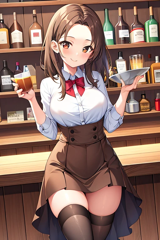 1girl, forehead, breasts, skirt, brown skirt, bar, brown hair, medium hair, cup, smile, standing