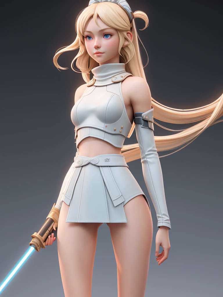 Close-up 1girl, Solitary, Aesthetic Artwork, blond, straight blonde hair, super long blonde hair, Light blue eyes, Some small freckles, Pale skin, One cup, Small Breasts, runner body, (Thin hips, Thin waist: 1.25), Delicate skin, Shy laugh, (stand at attention: 1.25), Wearing leather Jedi armor, Ahsoka Tano clothes, Holding a lightsaber, 50 mm, 4K Textures, Soft movie lighting, RAW Complex, elegant, Very detailed, Clear focus, ((((Feeling)))), Soothing Tones, Crazy details, Intricate details, Ultra Detailed, Low contrast, Soft movie lighting, dull color, Exposure Blending, HDR, fade