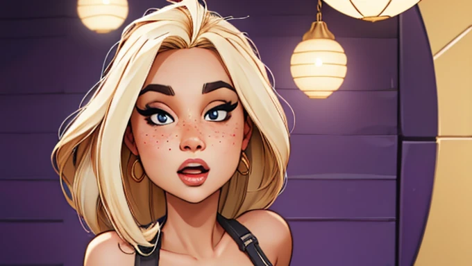 1 girl, Natural photography of a beautiful girl, wearing a loose crop top, leaning over, long blonbe hair, big bust, locks eyes into the camera, symmetrical eyes, symmetrical face,  (masterpiece) (best quality) (detailed) (8k) photorealistic, photography, path tracing, specular lighting, volumetric face light, path traced hair, visible shadows, intricate, elaborate, oiled boobs, cleavage, wet skin, flirty, freckles, blush, dark eyeliner, hanging breasts, girl bending over, strap gap