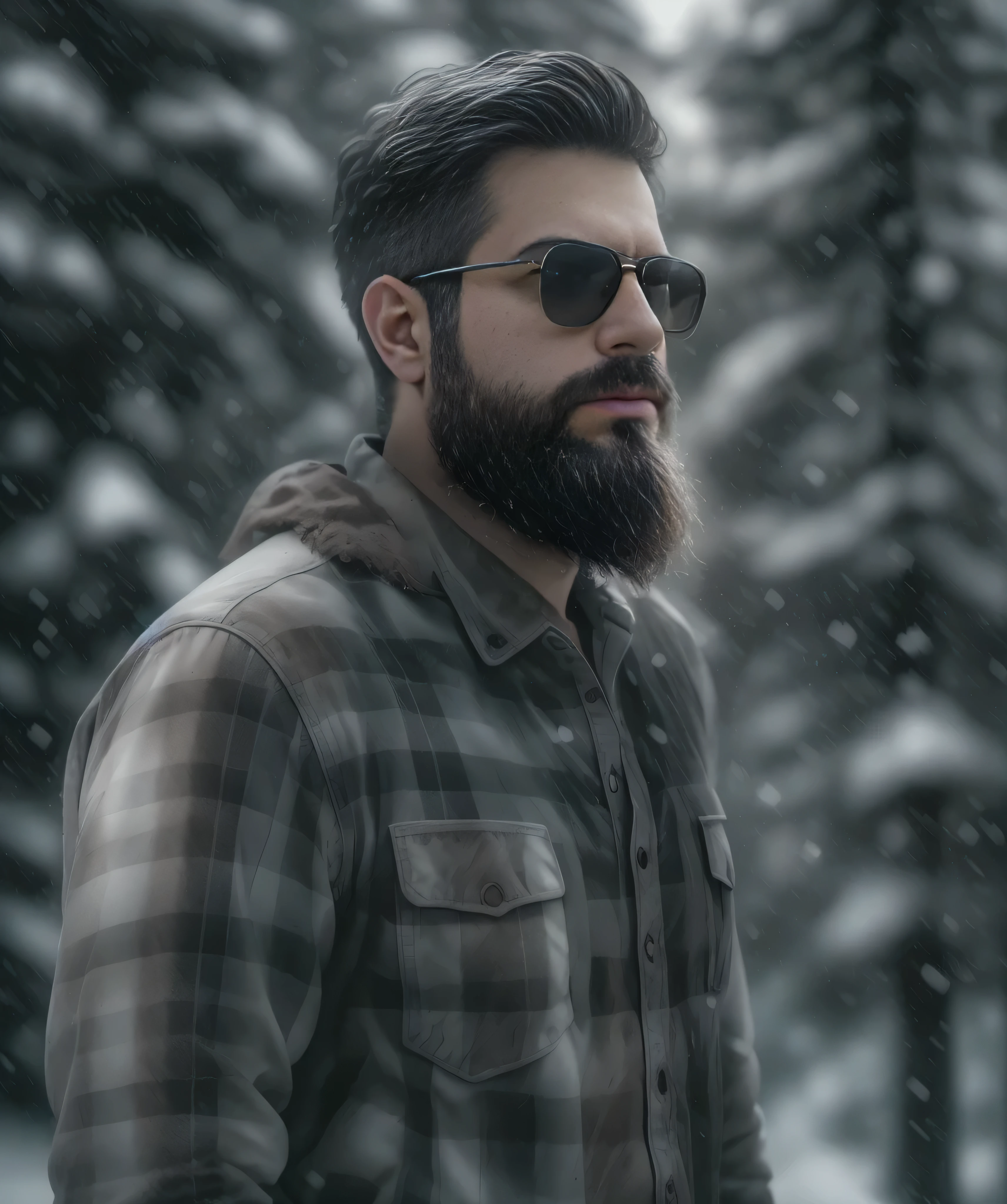 a confident man with a thick beard and aviator sunglasses, standing in a snowy forest, wearing a stylish plaid flannel shirt over a white t-shirt and dark jeans, tall snow-covered pine trees, moody cloudy sky, hands in pockets, calm and composed demeanor, (best quality,4k,8k,highres,masterpiece:1.2),ultra-detailed,(realistic,photorealistic,photo-realistic:1.37),HRD,UHD,studio lighting,ultra-fine painting,sharp focus,physically-based rendering,extreme detail description,professional,vivid colors,bokeh,portrait photography