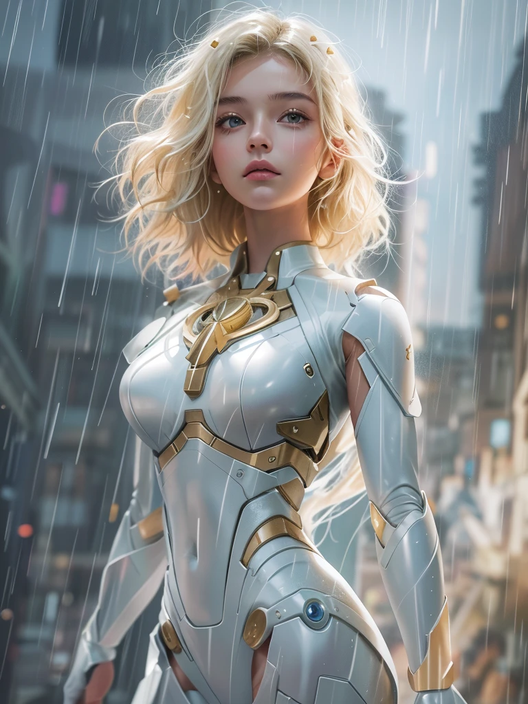 18 year old girl，White Hero Suit，Full body portrait，Short and wavy hair，Blonde，Pretty Face，rain，roof，masterpiece，Exquisite details，Perfect anatomical structure