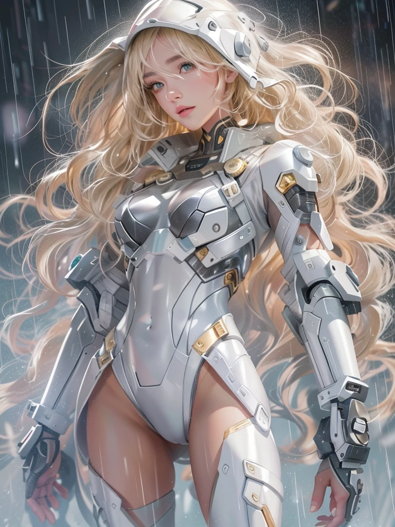 18 year old girl，White Hero Suit，Full body portrait，Short and wavy hair，Blonde，Pretty Face，rain，roof，masterpiece，Exquisite details，Perfect anatomical structure