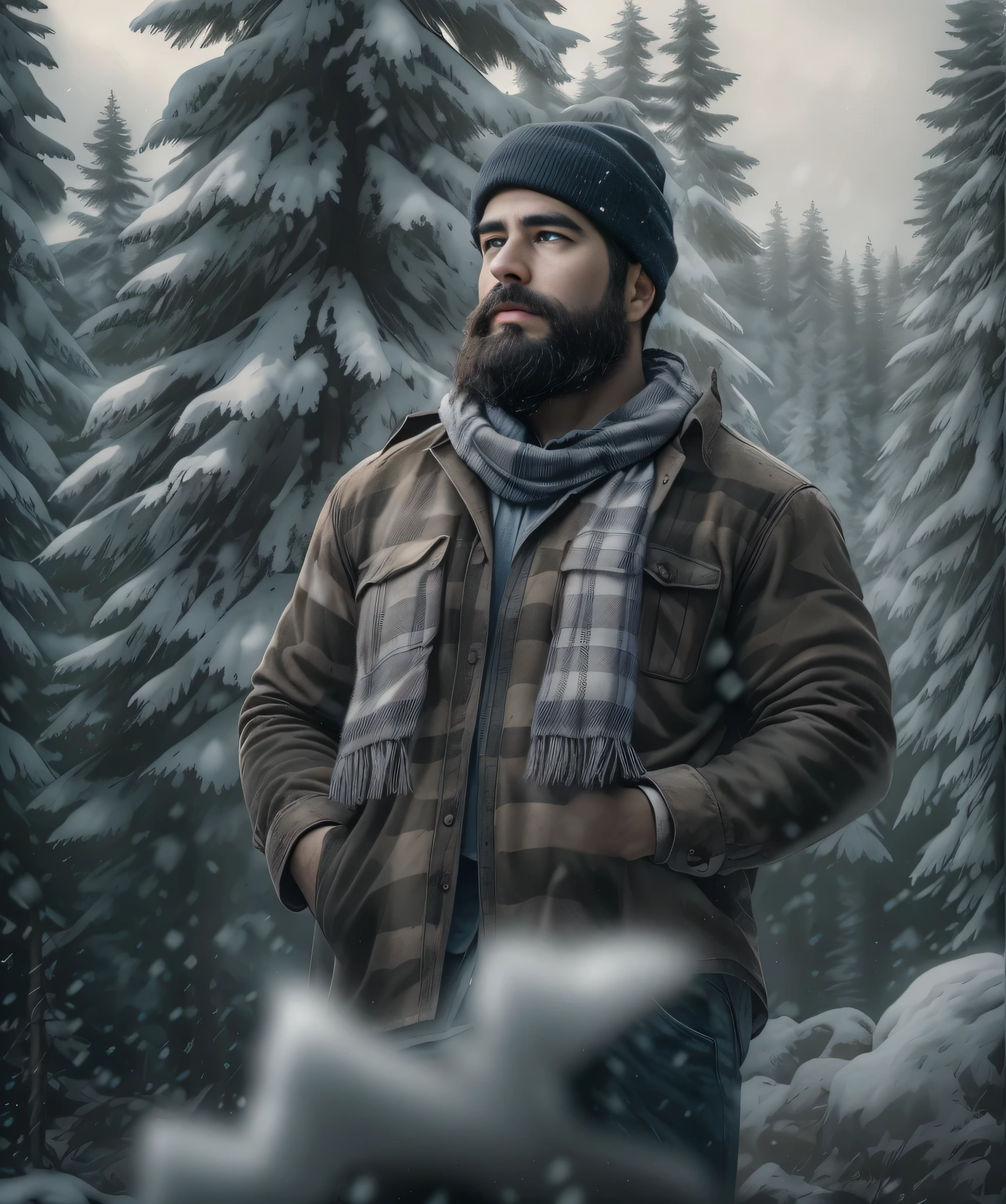 a confident man with a thick beard and aviator sunglasses, standing in a snowy forest, wearing a stylish plaid flannel shirt over a white t-shirt and dark jeans, tall snow-covered pine trees, moody cloudy sky, hands in pockets, calm and composed demeanor, (best quality,4k,8k,highres,masterpiece:1.2),ultra-detailed,(realistic,photorealistic,photo-realistic:1.37),HRD,UHD,studio lighting,ultra-fine painting,sharp focus,physically-based rendering,extreme detail description,professional,vivid colors,bokeh,portrait photography