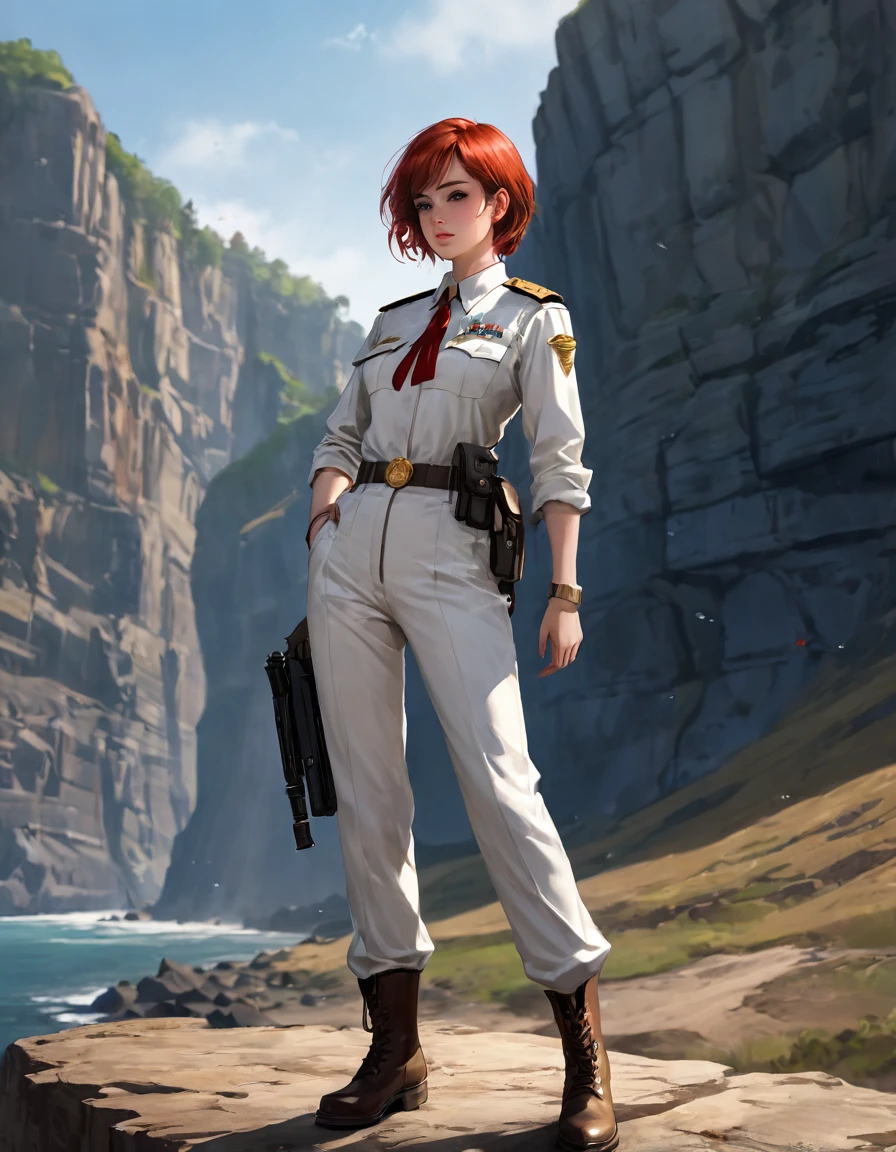 (Maximum resolution, Clearly_image) Excellent, masterpiece, High Detail, Semi-realistic,Intergalactic cowboy, A very beautiful woman, solitary, Normal handsome posture, Red short hair, Golden Eyes, indifferent expression, 18 years old, young, tall and big , white and red Uniform, Pants, military trousers, Military boots, Uniform, Military Academy, confident, Serious, cold and proud, standing on the cliff, Overlooking