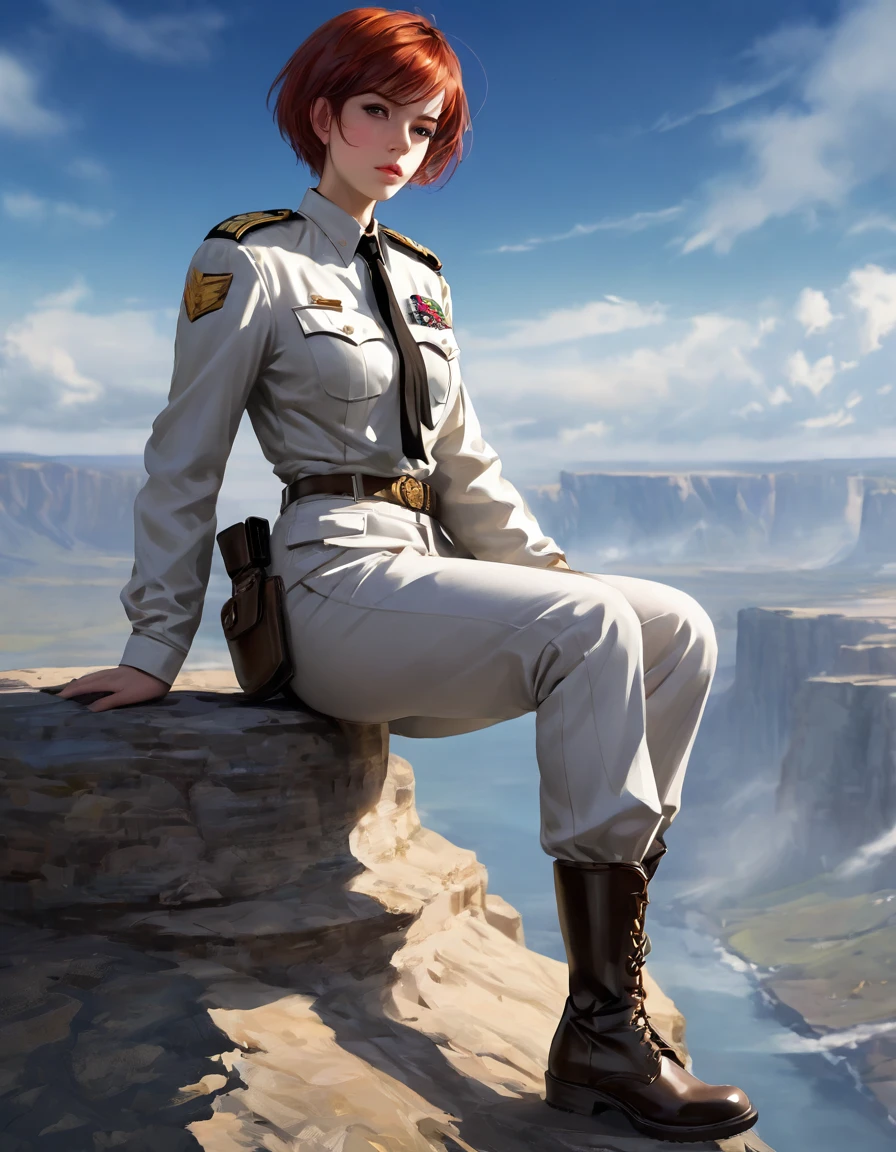 (Maximum resolution, Clearly_image) Excellent, masterpiece, High Detail, Semi-realistic,Intergalactic cowboy, A very beautiful woman, solitary, Normal handsome posture, Red short hair, Golden Eyes, indifferent expression, 18 years old, young, tall and big , white and red Uniform, Pants, military trousers, Military boots, Uniform, Military Academy, confident, Serious, cold and proud, standing on the cliff, Overlooking