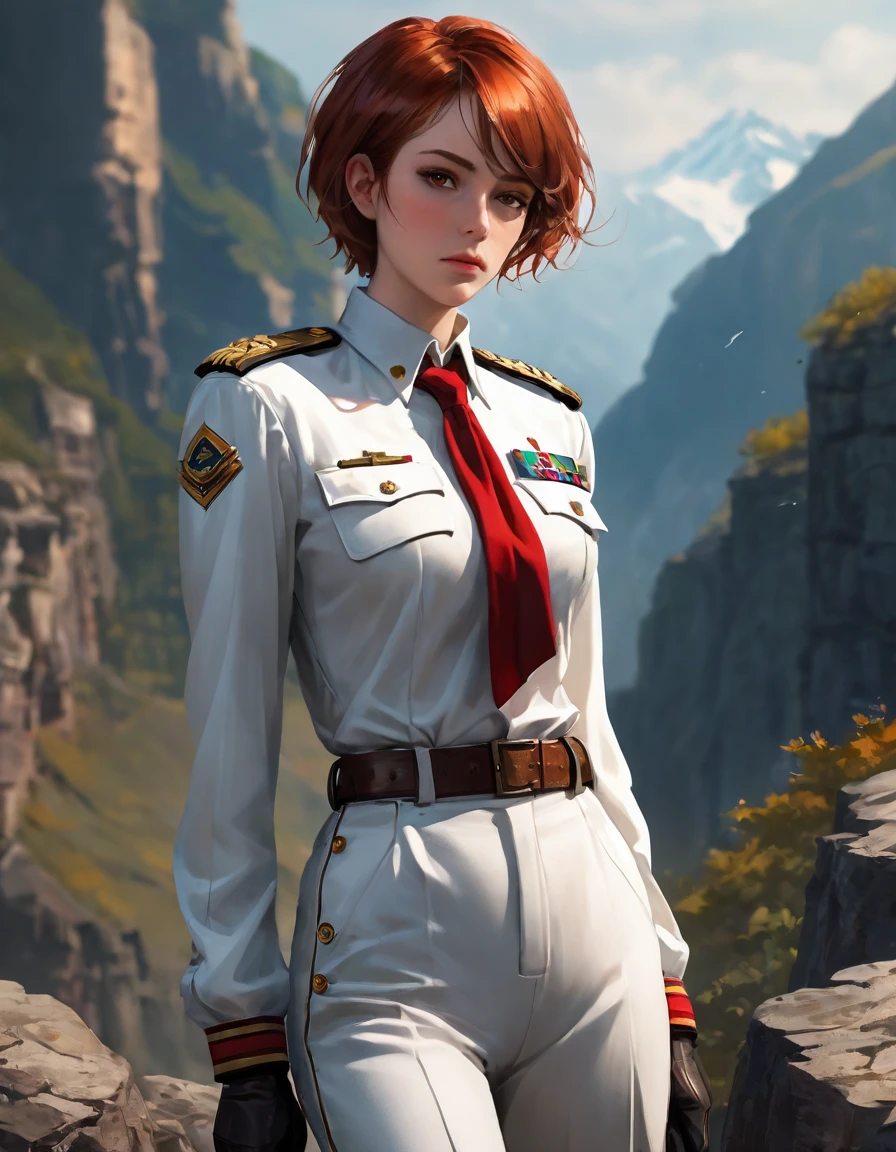 (Maximum resolution, Clearly_image) Excellent, masterpiece, High Detail, Semi-realistic,Intergalactic cowboy, A very beautiful woman, solitary, Normal handsome posture, Red short hair, Golden Eyes, indifferent expression, 18 years old, young, tall and big , white and red Uniform, Pants, military trousers, Military boots, Uniform, Military Academy, confident, Serious, cold and proud, standing on the cliff, Overlooking