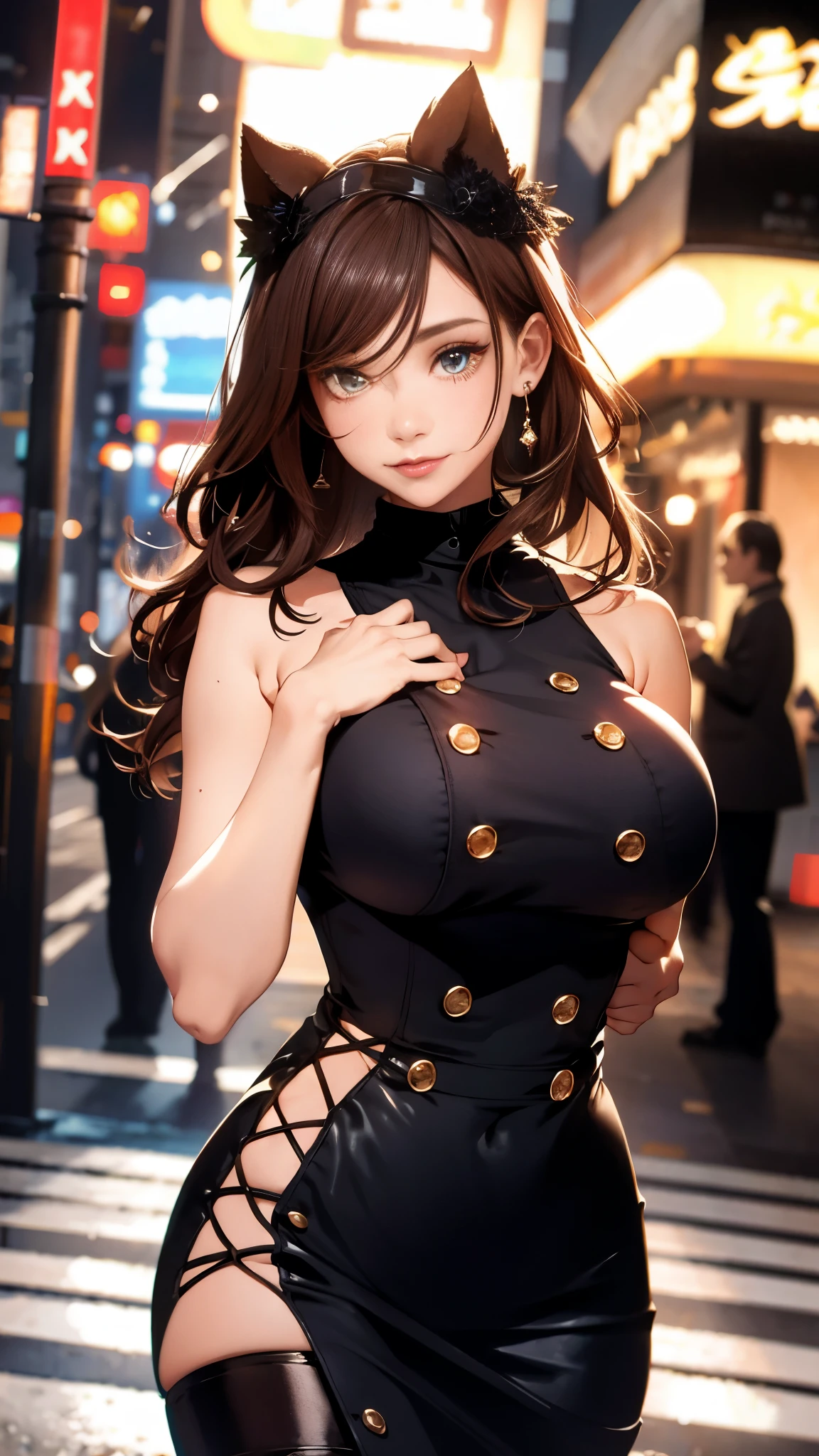 An absurd solution, High resolution, Perfect human body、Accurate human body、Detailed background bokeh、(masterpiece:1.4), ((Giant Breasted:1.6)), Super detailed, One girl, Brown eyes, Long black hair，Wear a tight sleeveless long white knit dress, City streets,Sexy posture, The camera is close to the body、(night:1.5), Beautiful and lustrous lips and eyes):1.5