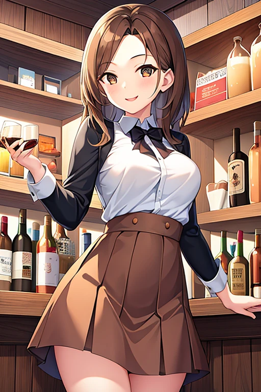 1girl, forehead, breasts, skirt, brown skirt, bar, brown hair, medium hair, cup, smile, standing