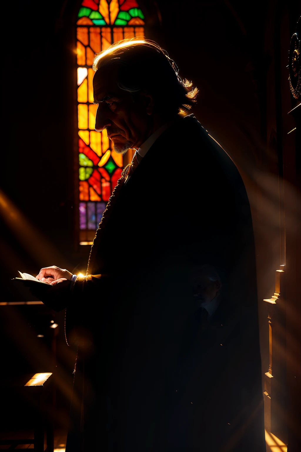 Fine Art Digital Illustration, Miguel Hidalgo, Mature Man, Contemplative, Determined Expression, Traditional Priest Robe, Colonial-era Church in Penjamo, Mexico, Dimly Lit, Wooden Pews, Flickering Candlelight, Solemn Atmosphere, AR 9:16, Highly Detailed, Hyper-realistic Texture, Close-up Focus on Face, Intricately Carved Background, Shadows Plays on Robe, Stained Glass Windows, Sunlight Streaming In, Halo Effect, Golden Rays, Office Background of a desert town, Final Quality K, Masterpiece, Greg R