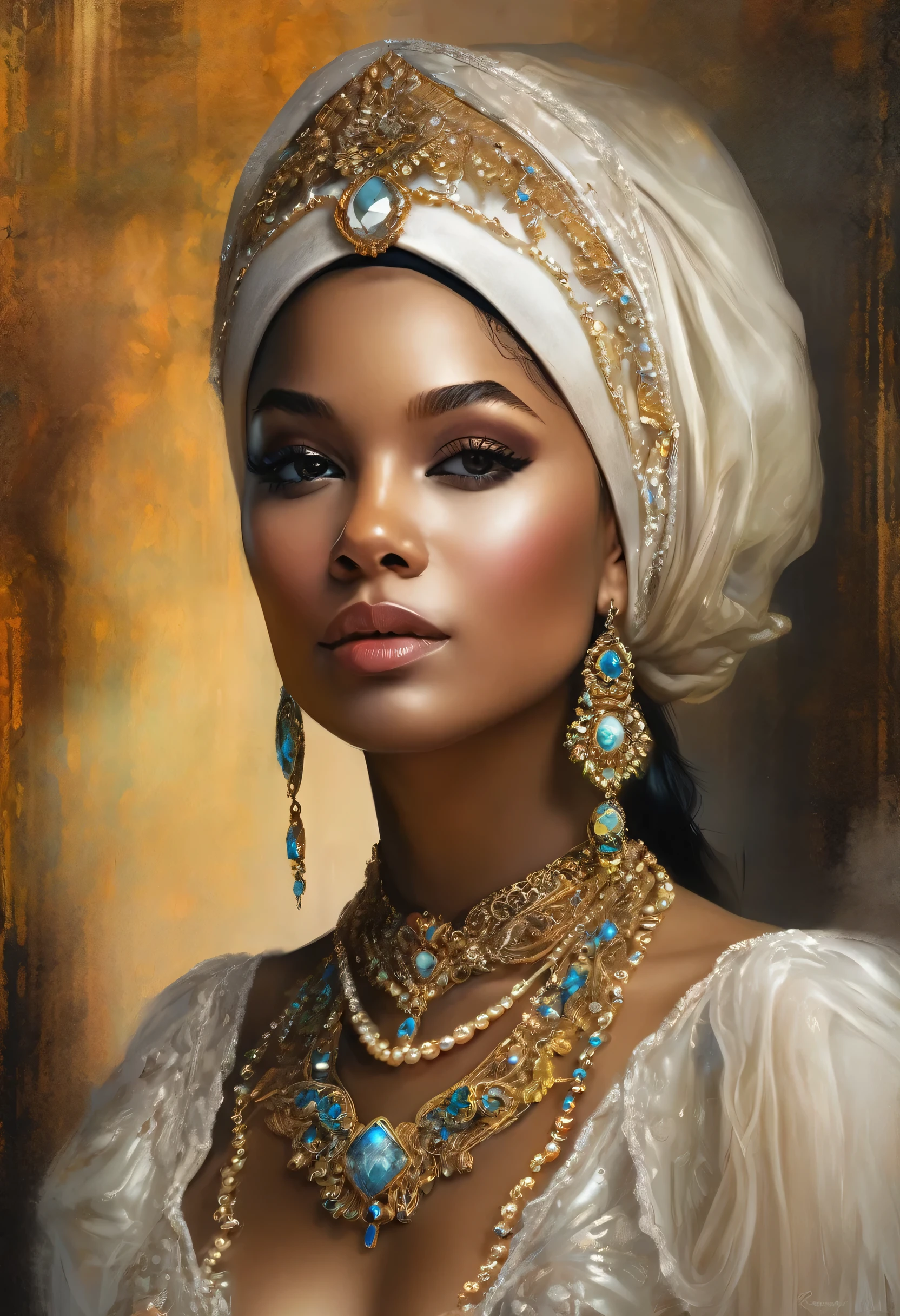 uma pintura de uma mulher negra, parecida com Rihana com um colar e brincos e turbante, linda donzela de fantasia, linda donzela, lindo retrato de arte de fantasia, arte vitoriana, karol bak uhd, bela arte uhd 4k, retrato de uma linda deusa, pintura de retrato de uma princesa, pintura em estilo renascentista, Pintura Digital Renascentista, uma linda imperatriz de fantasia, linda linda arte digital, lindo retrato de fantasia, degas, renoir