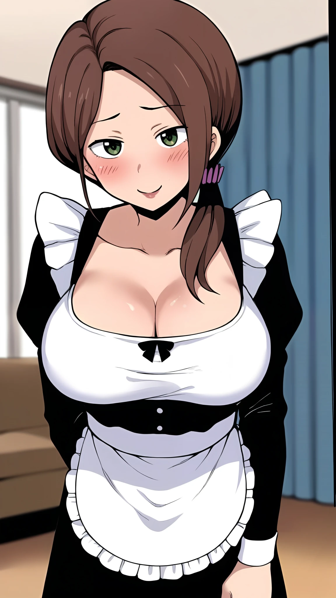 score_9,style by terasu mc BREAK,blurry background,mori_kaede_\(terasu_mc\), brown hair, green eyes, side front ponytail, large breasts, maid outfit, cleavage, blushing, smiling, standing, pov, living room background