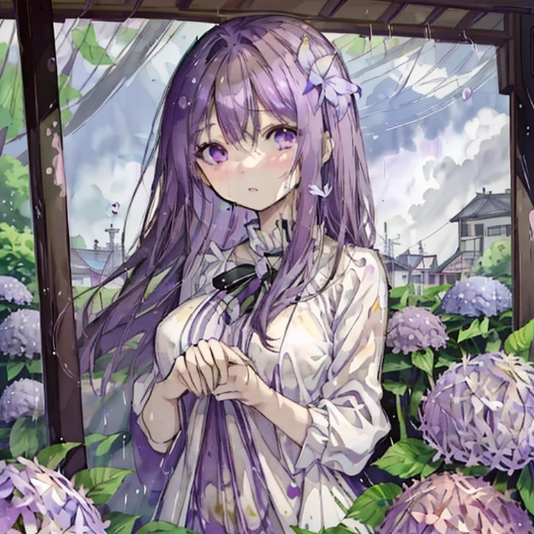 1 girl、Mature、Purple Hair、Long Hair、Ample breasts、Soaking wet girl、It rains、Hydrangeas are in full bloom、Butterflies fluttering、The sun shines through the clouds、Sparkling water droplets、A fusion of watercolor and oil painting、Incredibly absurd、beautiful、