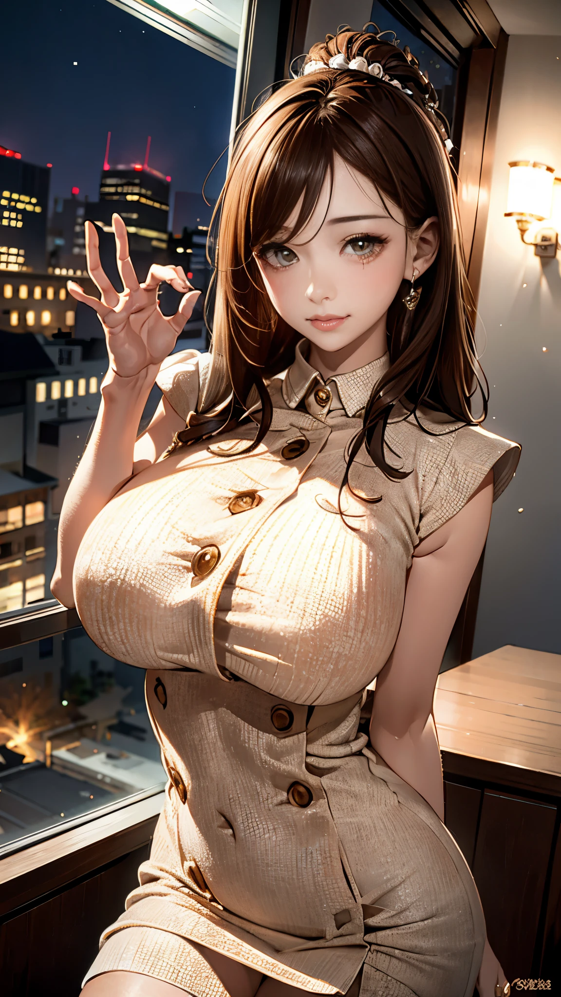 An absurd solution, High resolution, Perfect human body、Accurate human body、Detailed background bokeh、(masterpiece:1.4), ((Giant Breasted:1.6)), Super detailed, One girl, Brown eyes, Long black hair，Wear a tight sleeveless long white knit dress, City streets,Sexy posture, The camera is close to the body、(night:1.5), Beautiful and lustrous lips and eyes):1.5