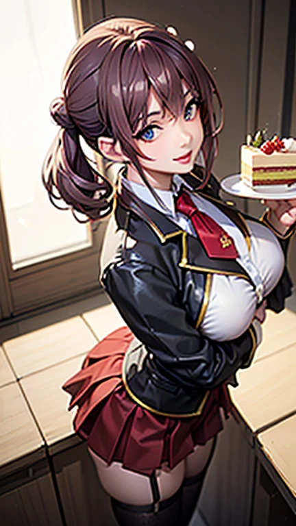 (dynamic angle:1.3, front view:1.1, breast focus:1.3, from above:1.1), (dynamic posing:1.2, sexy posing:1.2), (seductive smiling:1.3), ((looking at cake,Taking a cake out of the golden oven, worried about the outcome:1.2)),highest quality、(real、photorealistic:1.4),(ultra high resolution, 8K RAW photo, clear focus), best qualtiy, natural lighting, field depth, (Bright pupils, detailed beautiful eyes, high detailed face), Red lip, (tight focus:1.2), a girl 22yo old, Wearing a pastry chef uniform:1.3 , Thicc, thin breast, long hair, blue eyes,garter stocking, cleavage:1.2, midriff, black shorts, black thighhighs, thigh strap, pretty girl, (highly detailed beautiful face and eyes,firm breasts),real skin,((black,hair,long pony tail hair)),thin pubic hair,cute,lovely, detailed eyes,(double breasted:1.0,under bust:1.0),(with sparkling eyes and a contagious smile),open mouth, Looking at Viewer,A scene of cooking in the kitchen,looking at the golden oven
