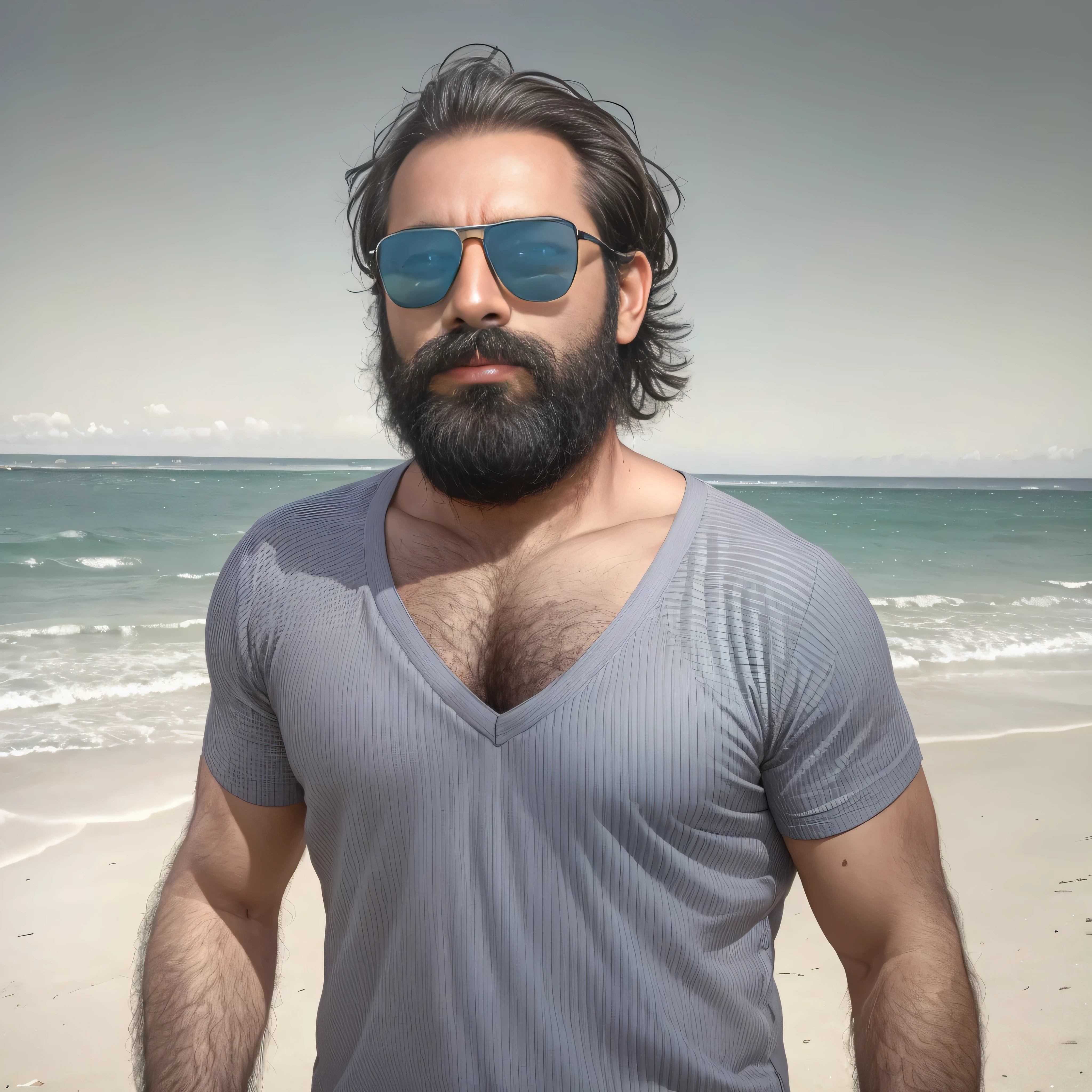 Create an image of a 38-year-old man with a beard and a lot of chest hair. He is wearing sunglasses. The man should have a confident and relaxed expression. The scene is a sunny beach with clear blue skies, soft white sand, and gentle waves in the background. The man is standing near the shoreline with the ocean behind him. He is dressed in casual beach attire, such as swim trunks and flip-flops. The image should be of the highest quality, with textured skin and realistic details.
