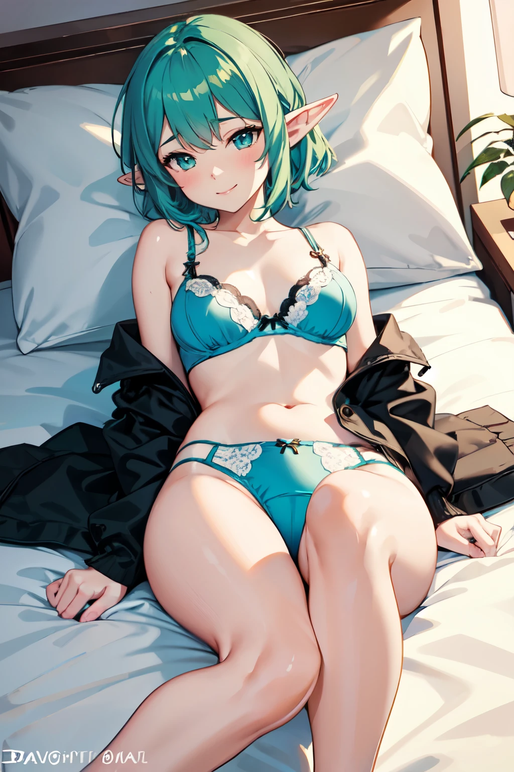 (1 sexy anime elf girl) short hair color: green, eyes: bright blue, medium breasts, in underwear: teal panties, white bra... {looking at the viewer with a slight blush, lying on her bed seductively smiling slightly}.