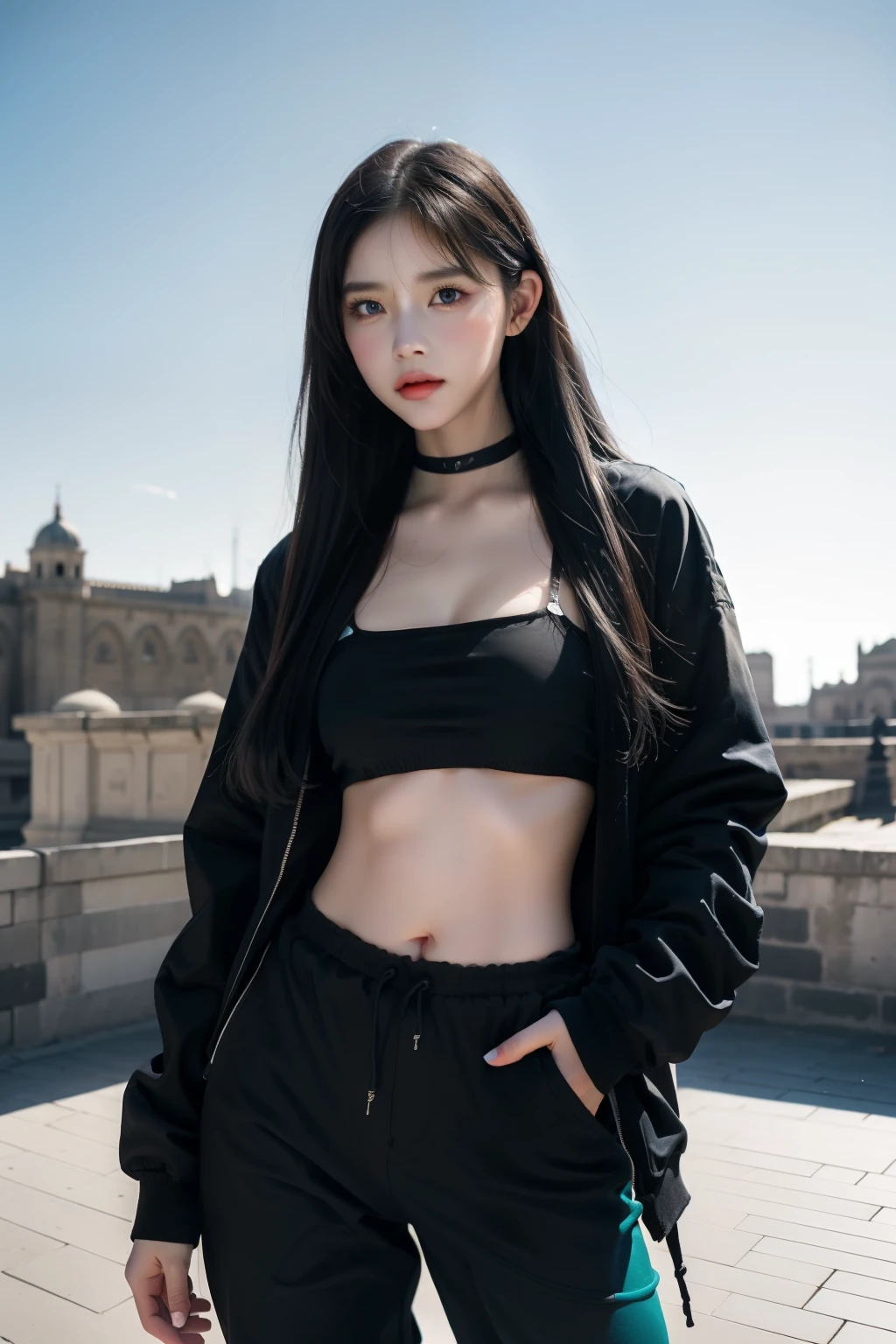 Realistic, High resolution, 1 Female, Glowing Skin, alone, wide lips,Long Hair,Straight Hair,Saggy breasts,Small face,White Hair,Color Contact Lenses,Black down jacket,Sweat pants,Full body outfit,World Heritage Sites as a Background,noon,blue sky
