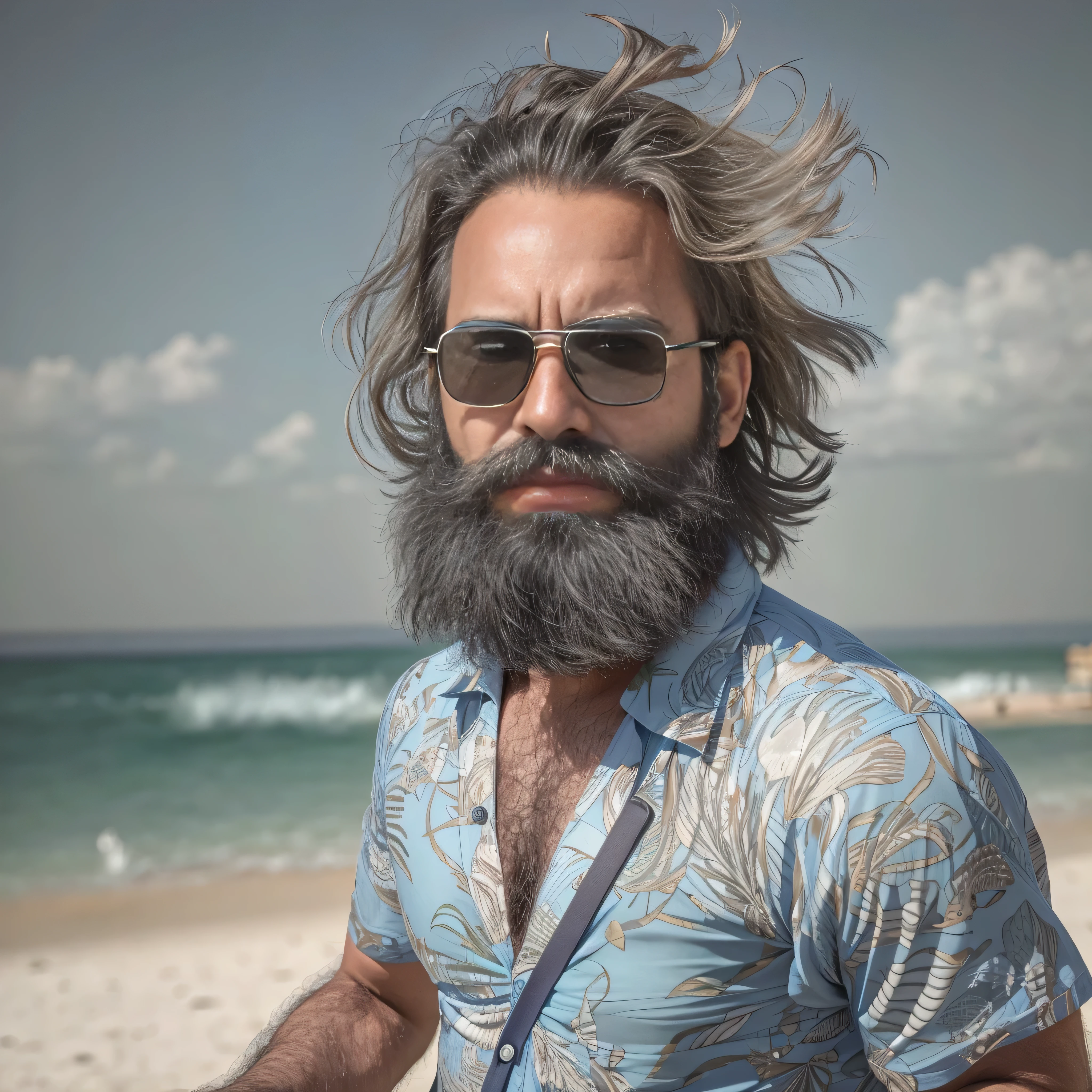 Create an image of a 38-year-old man with a beard and a lot of chest hair. He is wearing sunglasses. The man should have a confident and relaxed expression. The scene is a sunny beach with clear blue skies, soft white sand, and gentle waves in the background. The man is standing near the shoreline with the ocean behind him. He is dressed in casual beach attire, such as swim trunks and flip-flops. The image should be of the highest quality, with textured skin and realistic details.