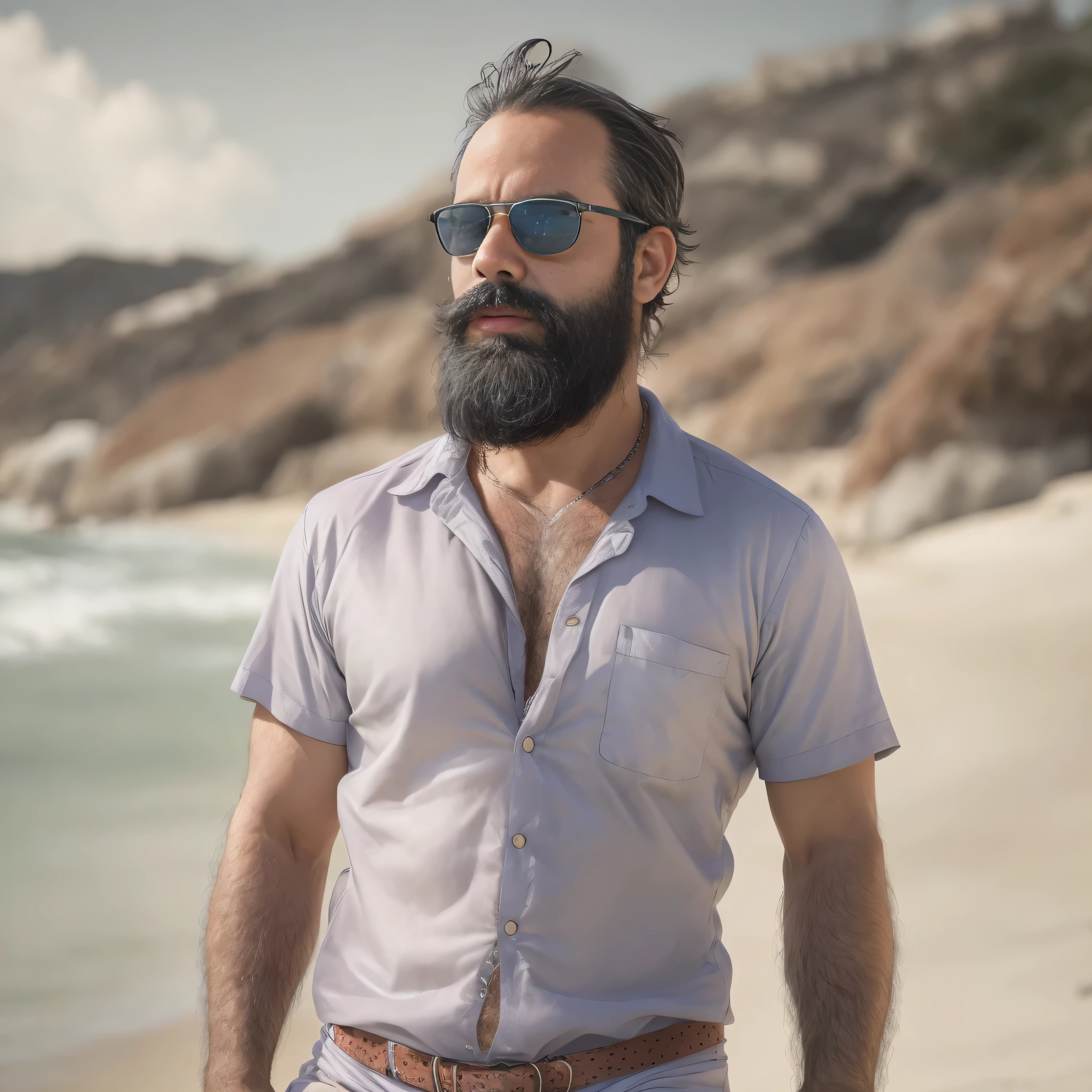 Create an image of a 38-year-old man with a beard and a lot of chest hair. He is wearing sunglasses. The man should have a confident and relaxed expression. The scene is a sunny beach with clear blue skies, soft white sand, and gentle waves in the background. The man is standing near the shoreline with the ocean behind him. He is dressed in casual beach attire, such as swim trunks and flip-flops. The image should be of the highest quality, with textured skin and realistic details.