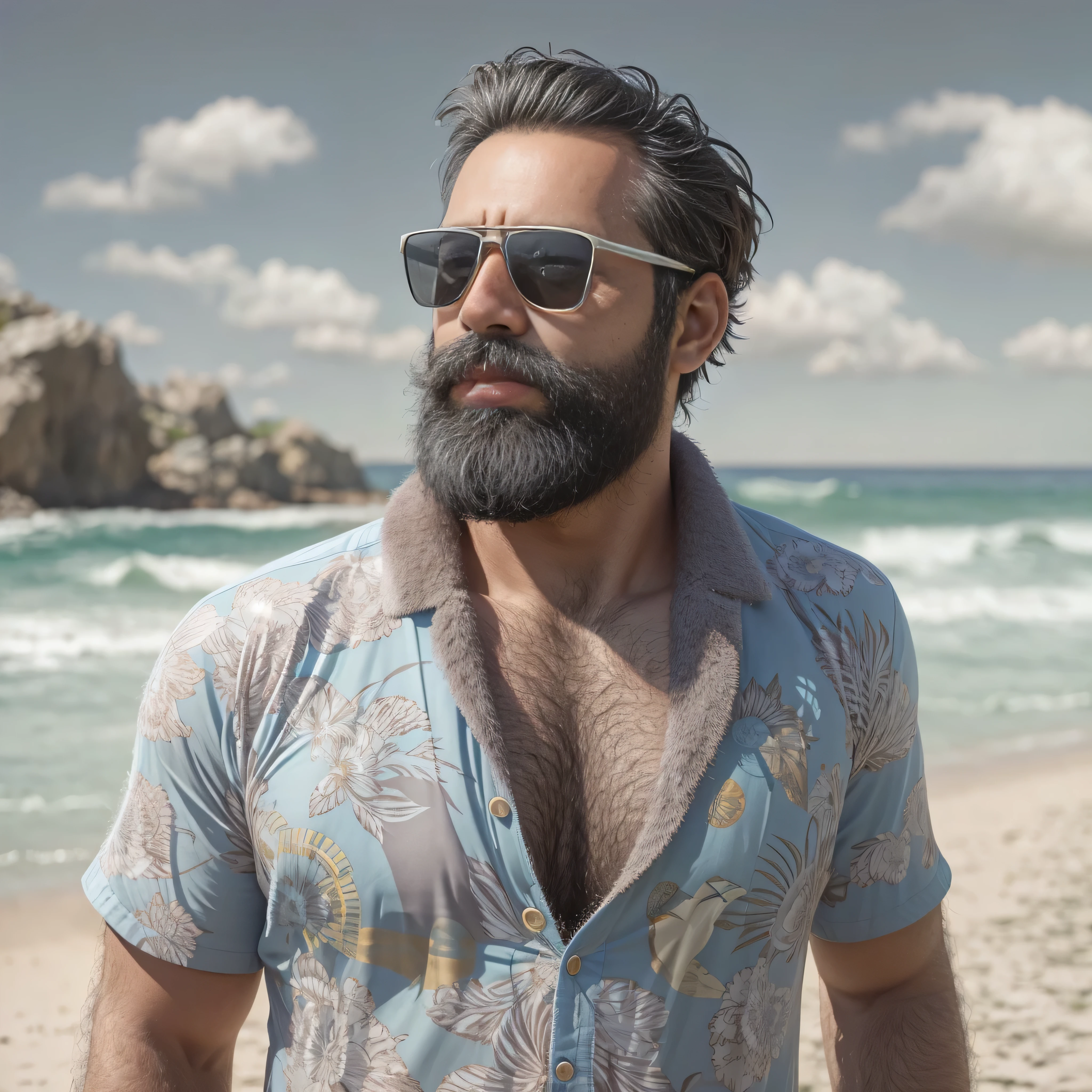 Create an image of a 38-year-old man with a beard and a lot of chest hair. He is wearing sunglasses. The man should have a confident and relaxed expression. The scene is a sunny beach with clear blue skies, soft white sand, and gentle waves in the background. The man is standing near the shoreline with the ocean behind him. He is dressed in casual beach attire, such as swim trunks and flip-flops. The image should be of the highest quality, with textured skin and realistic details.