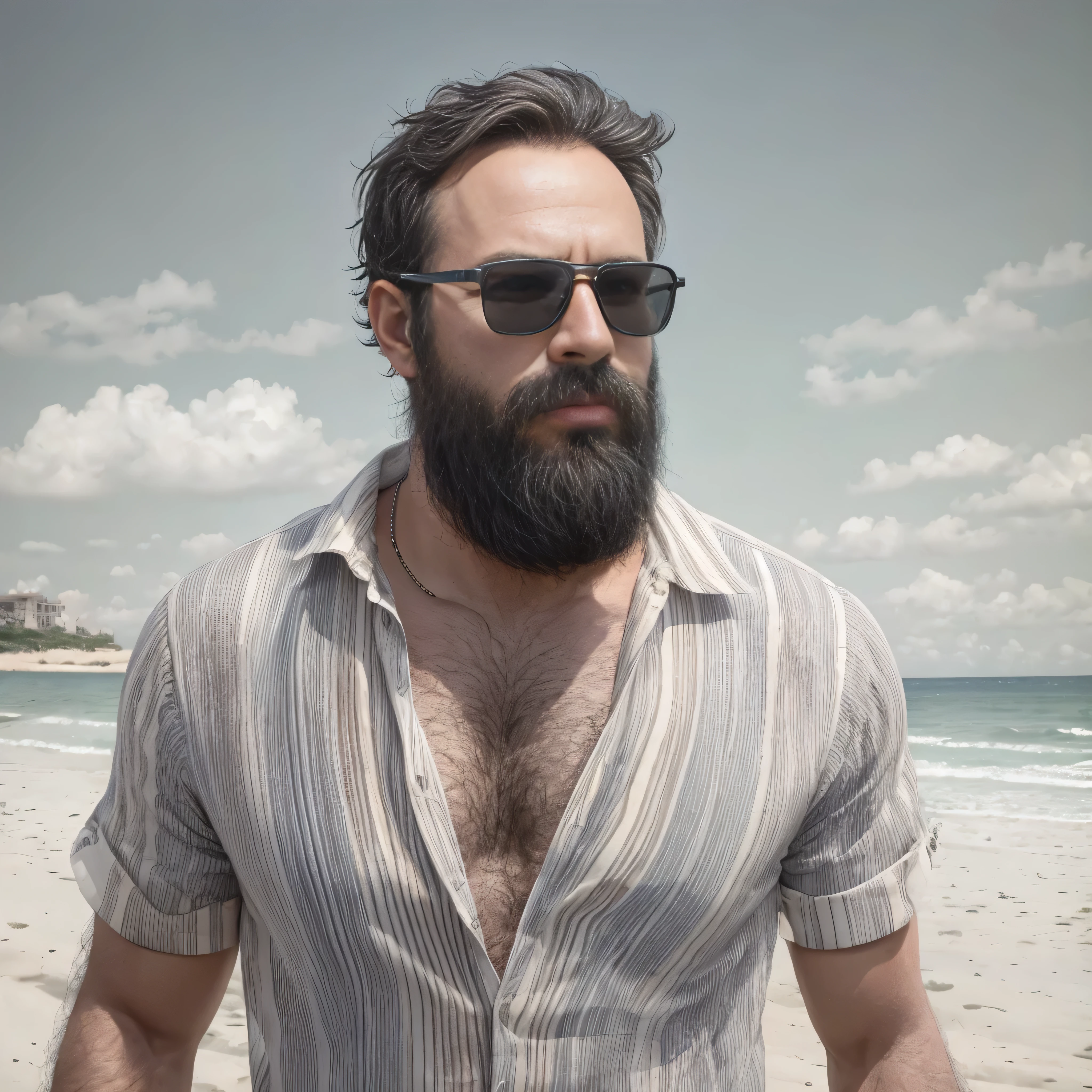 Create an image of a 38-year-old man with a beard and a lot of chest hair. He is wearing sunglasses. The man should have a confident and relaxed expression. The scene is a sunny beach with clear blue skies, soft white sand, and gentle waves in the background. The man is standing near the shoreline with the ocean behind him. He is dressed in casual beach attire, such as swim trunks and flip-flops. The image should be of the highest quality, with textured skin and realistic details.