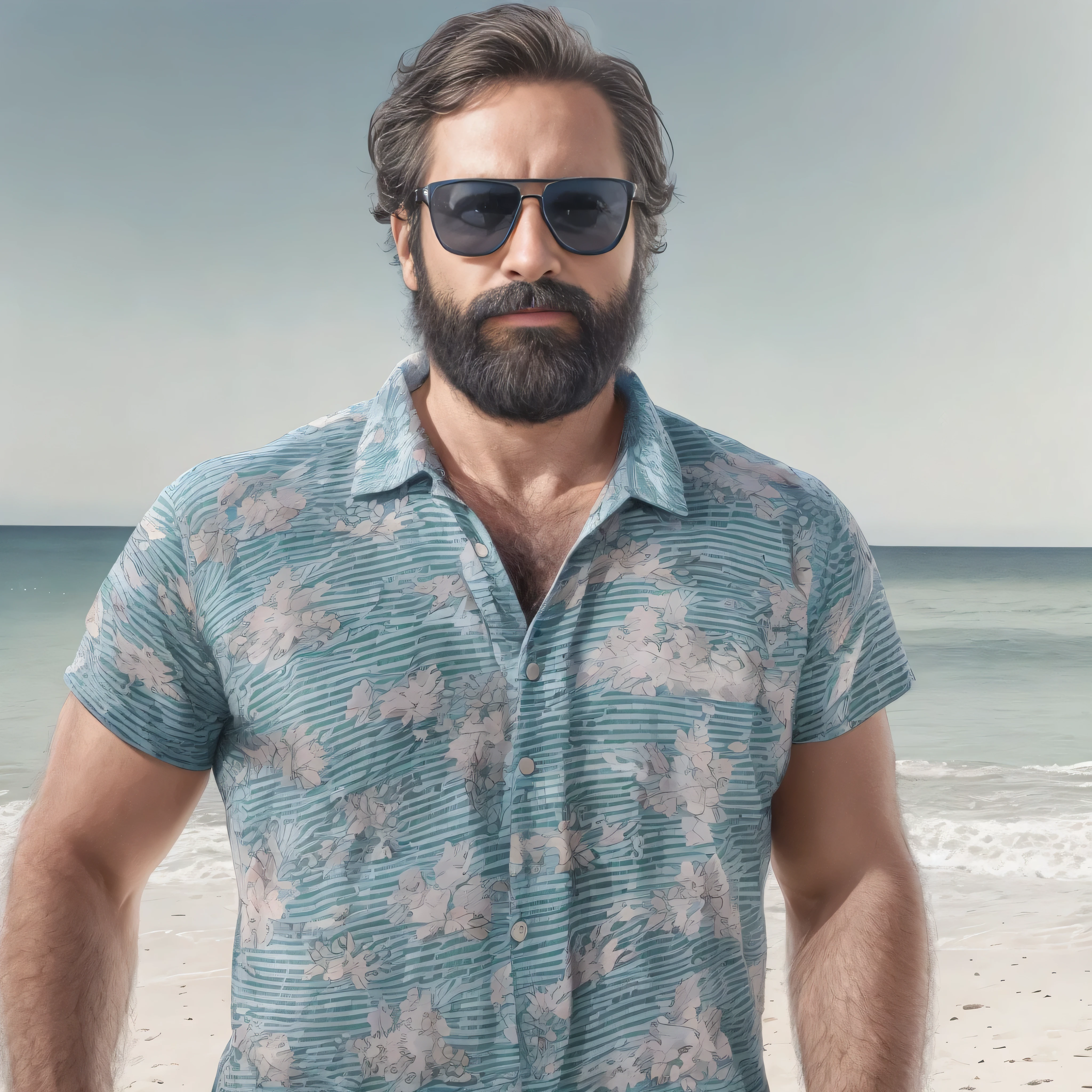 Create an image of a 38-year-old man with a beard and a lot of chest hair. He is wearing sunglasses. The man should have a confident and relaxed expression. The scene is a sunny beach with clear blue skies, soft white sand, and gentle waves in the background. The man is standing near the shoreline with the ocean behind him. He is dressed in casual beach attire, such as swim trunks and flip-flops. The image should be of the highest quality, with textured skin and realistic details.