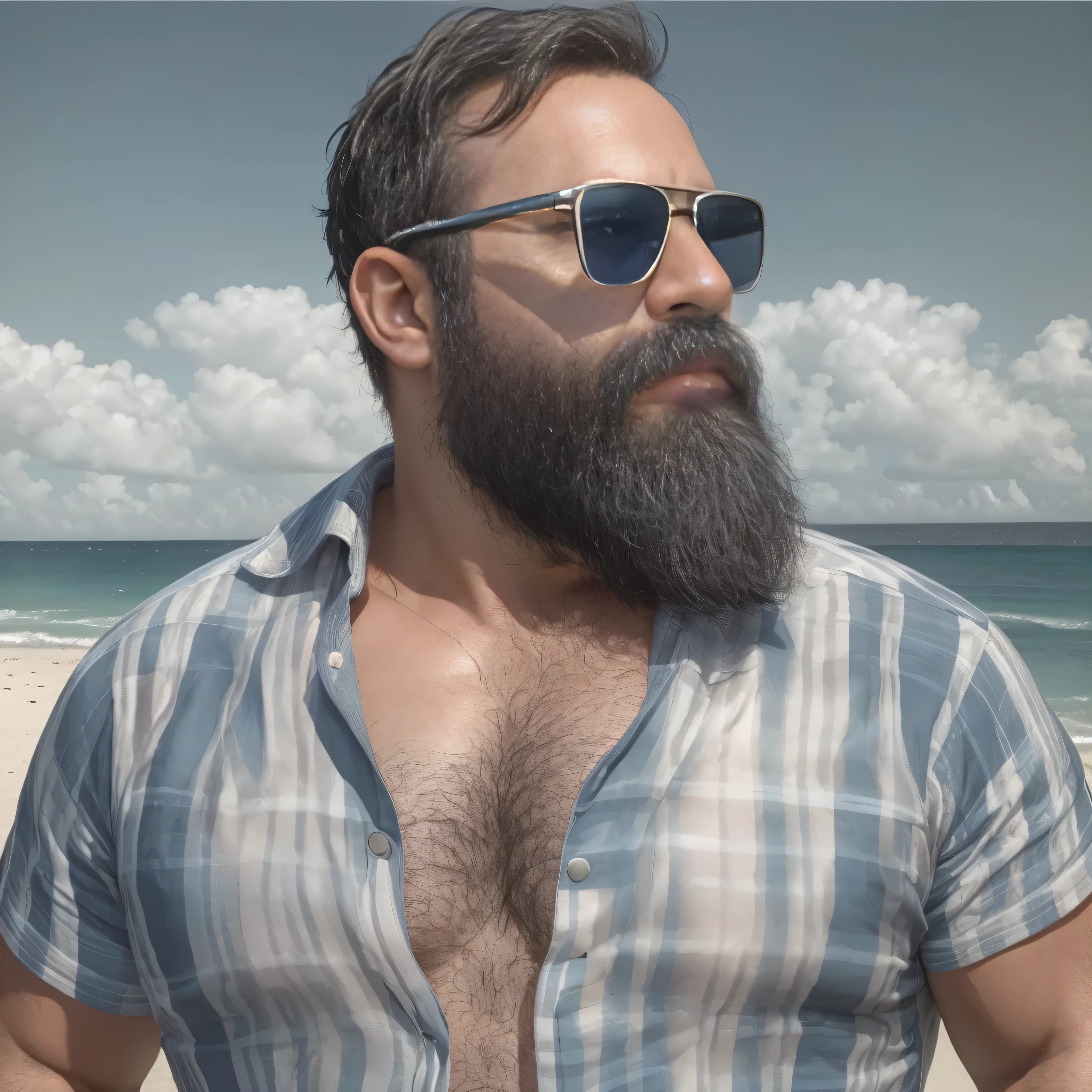 Create an image of a 38-year-old man with a beard and a lot of chest hair. He is wearing sunglasses. The man should have a confident and relaxed expression. The scene is a sunny beach with clear blue skies, soft white sand, and gentle waves in the background. The man is standing near the shoreline with the ocean behind him. He is dressed in casual beach attire, such as swim trunks and flip-flops. The image should be of the highest quality, with textured skin and realistic details.