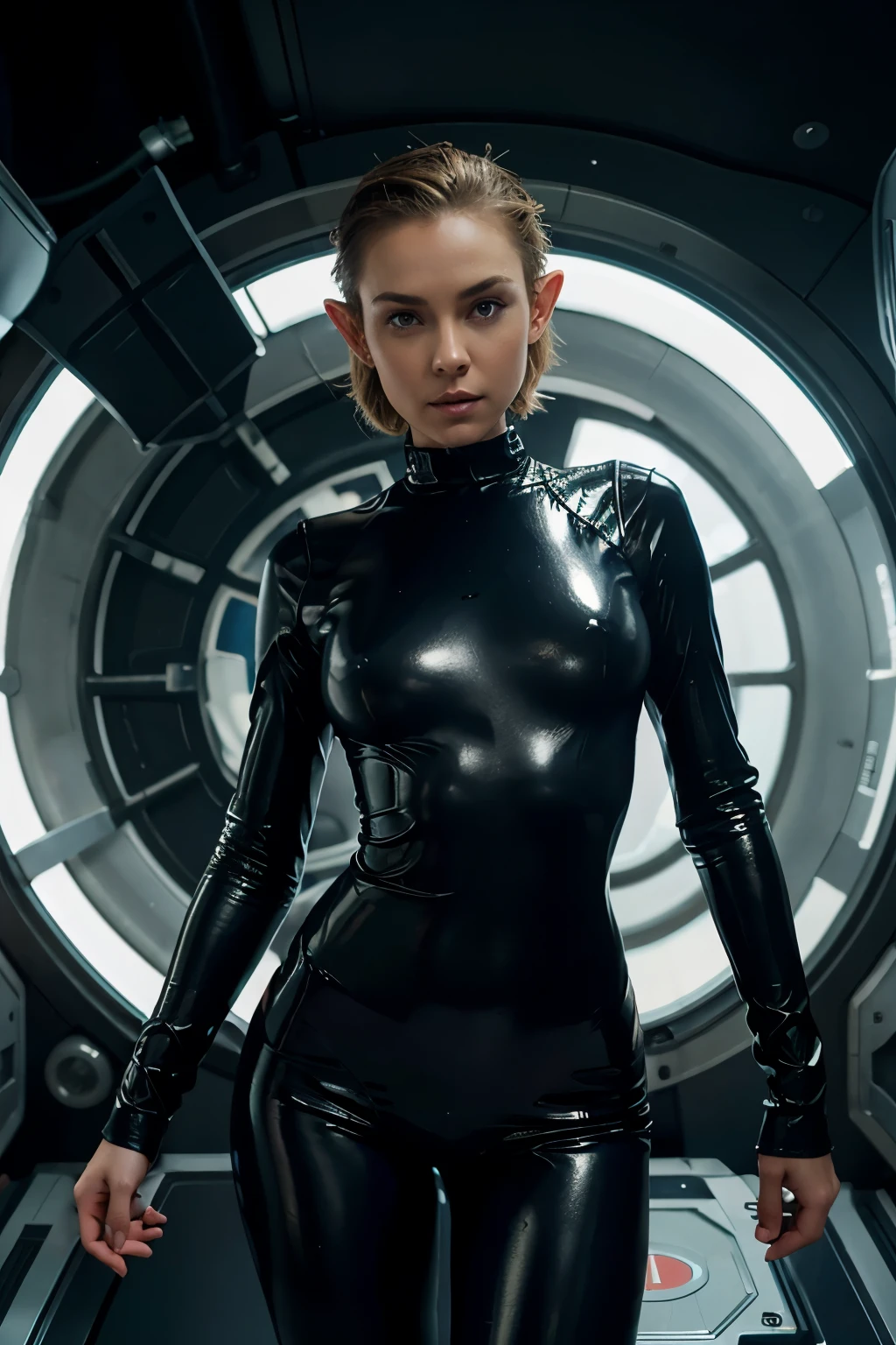Cute elf, tomboy, space station background, feminine body, thin body, slim, tron bodysuit, short hair, dark blonde hair, slick back hair, forehead, huge bulge in pants, curvy, sexy, naked