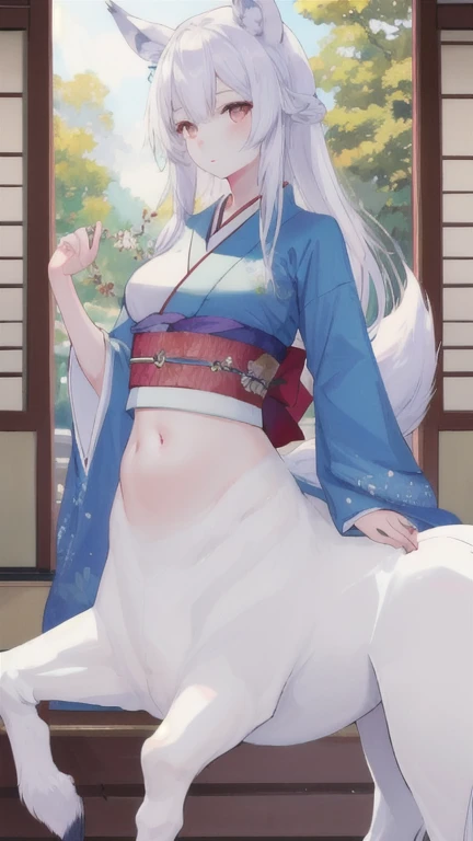 (best quality, masterpiece), 1 girl, centaur, It takes, White skin, kimono, belly button t-shirt, 아름다운 소녀 perfect wolf photo, perfect wolf photo