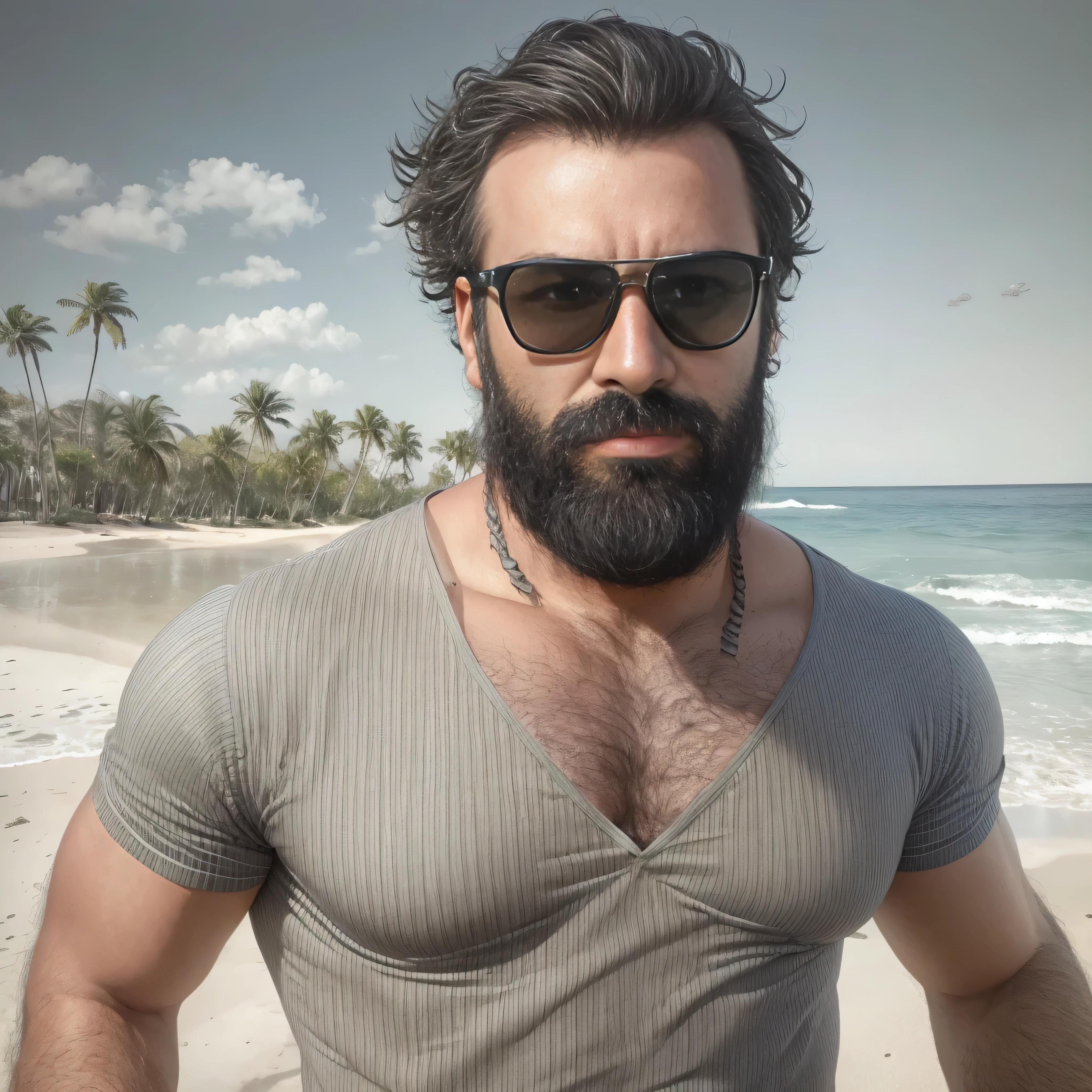 Create an image of a 38-year-old man with a beard and a lot of chest hair. He is wearing sunglasses. The man should have a confident and relaxed expression. The scene is a sunny beach with clear blue skies, soft white sand, and gentle waves in the background. The man is standing near the shoreline with the ocean behind him. He is dressed in casual beach attire, such as swim trunks and flip-flops. The image should be of the highest quality, with textured skin and realistic details.