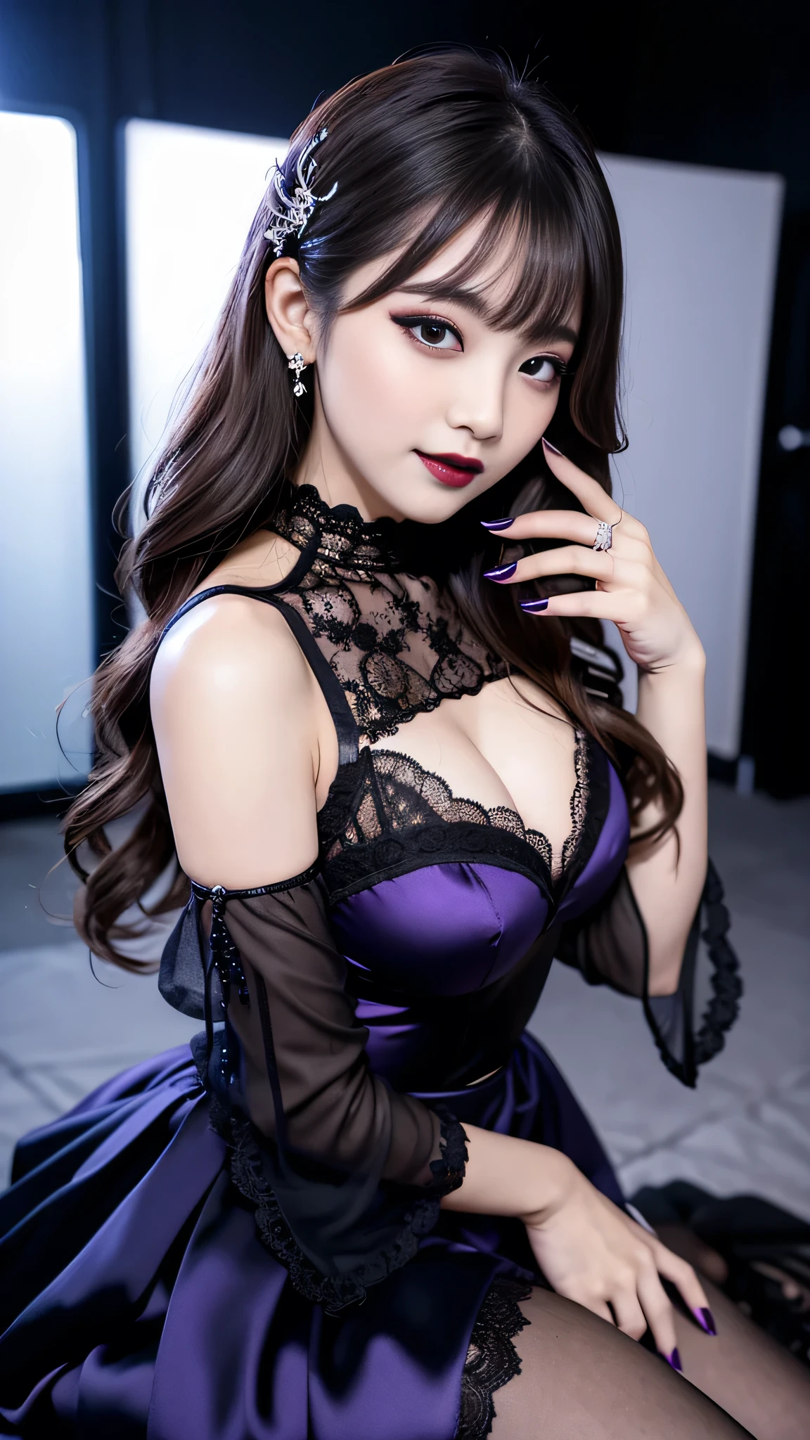 best quality、ultra-detailed、4k、Japanese、Seductive beauty、seductive adult woman、Pretty Woman、cool girl、Villainess、Brainwashed、brainwash、Fallen into evil、smirk、Evil look、Wicked Smile、evil、Brown hair、wavy hair、swept bangs、dark makeup、dark makeup、piercing eyes、hollow eyes,half-closed eyes、Hollow Eyes、purple Eyeshadow、black lipstick、black lipglos、Lace fabric、blue party dress、Wide sleeves、stockings、pantyhose、night、inside darkroom、Are standing、shoot from below、Make up、Makeup brushes、Have lipstick、Swear allegiance、I have pledged my allegiance、Seduce、