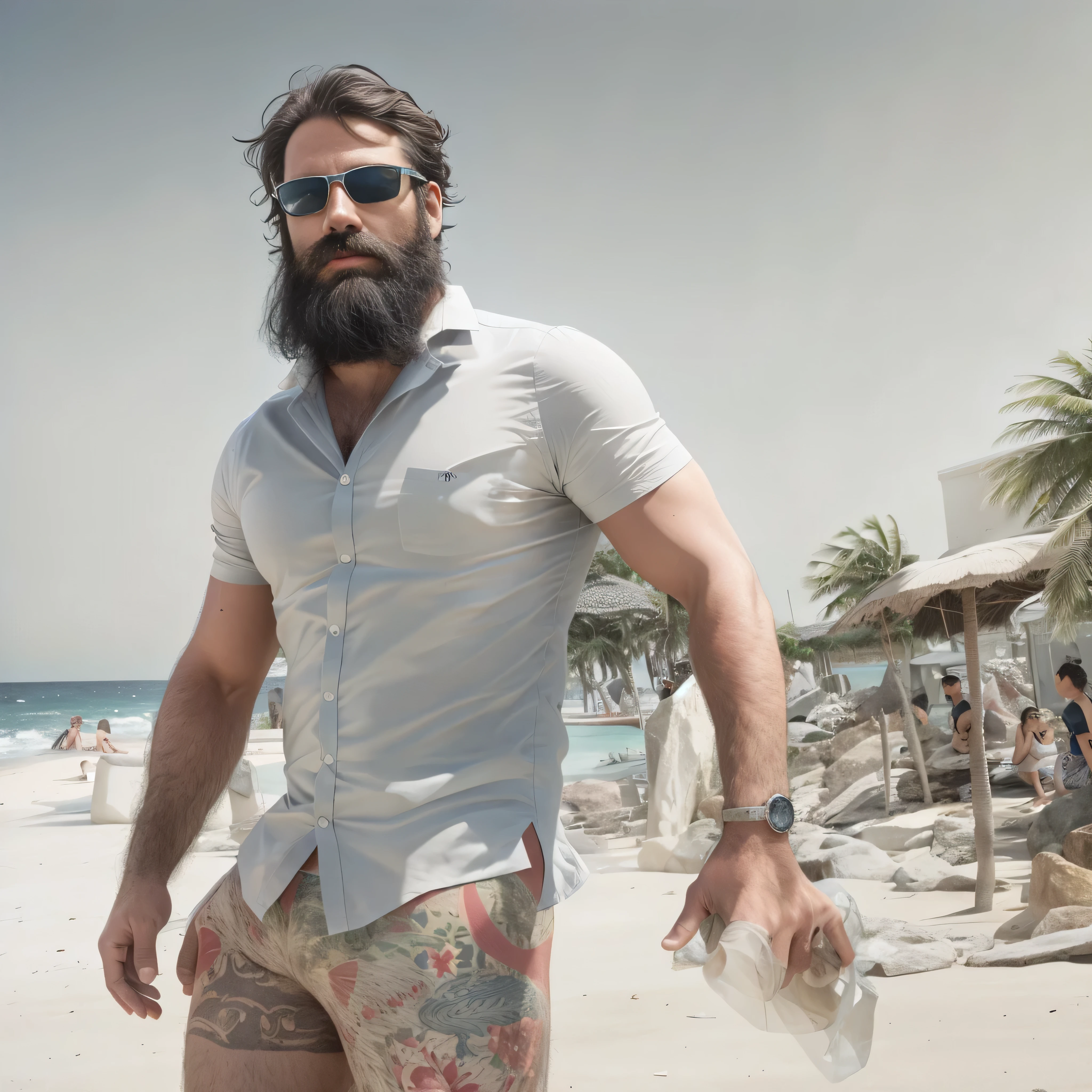 Create an image of a 38-year-old man with a beard and a lot of chest hair. He is wearing sunglasses. The man should have a confident and relaxed expression. The scene is a sunny beach with clear blue skies, soft white sand, and gentle waves in the background. The man is standing near the shoreline with the ocean behind him. He is dressed in casual beach attire, such as swim trunks and flip-flops. The image should be of the highest quality, with textured skin and realistic details.
