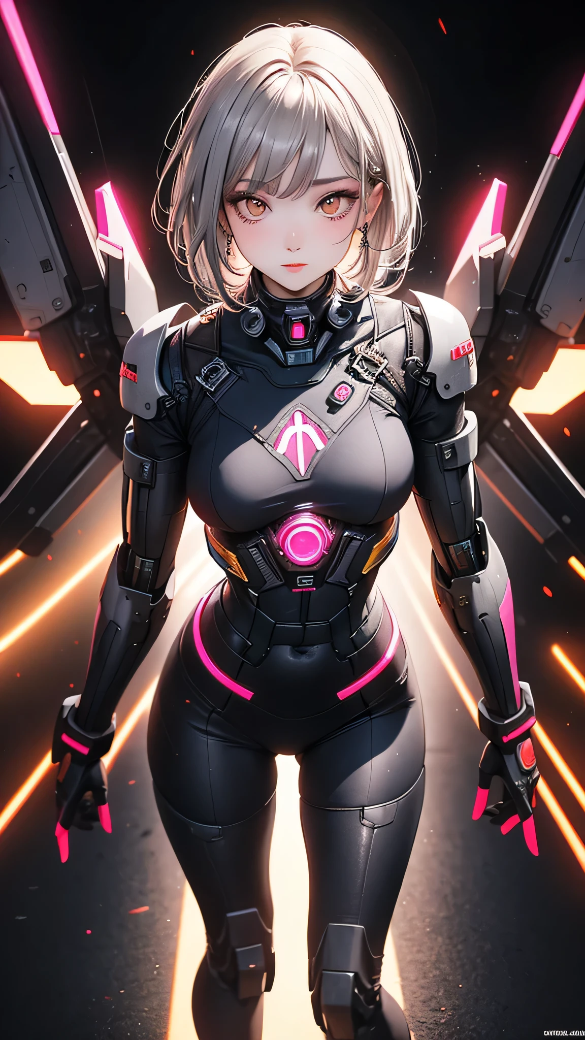 cute, woman, Sexy Face, Yellow Eyes, Gray Hair, The body is slim, Sexy pose, Pink tights, Mecha, Neon Signs, Leading the Night City, View from above, high quality, Realistic, Beautiful light, Full details, Black background
