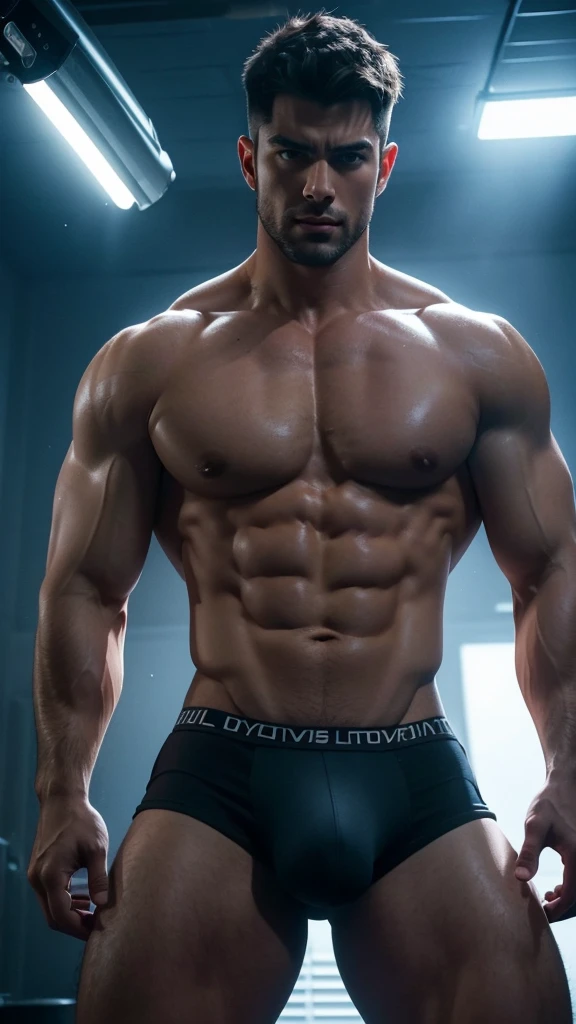 a sexy, muscular man in a studio, wearing only wet underwear, with a large, prominent bulge, hyper realistic, 8k, photo-realistic, high quality, detailed, cinematic lighting, dramatic shadows, vivid colors, moody atmosphere