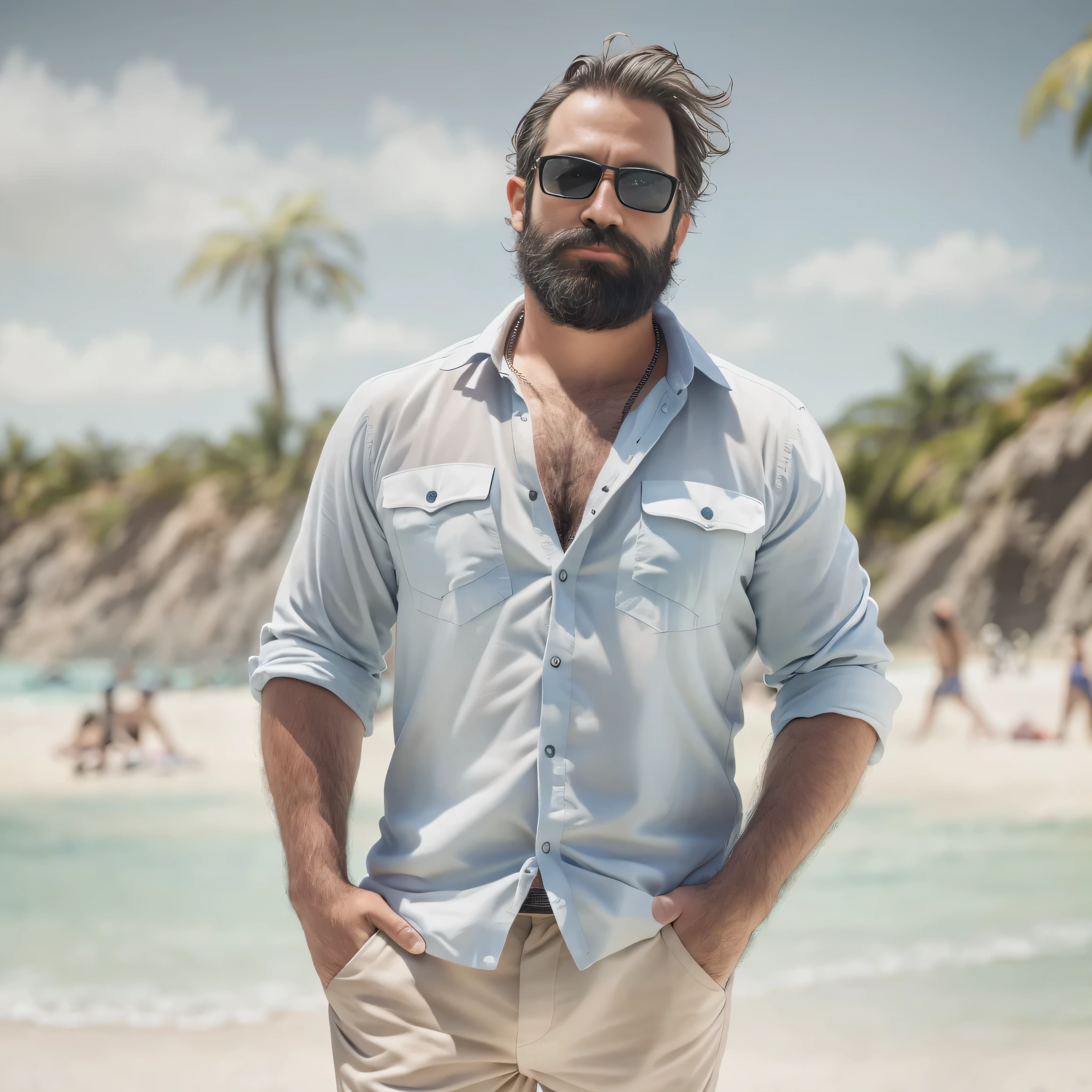 Create an image of a 38-year-old man with a beard and a lot of chest hair. He is wearing sunglasses. The man should have a confident and relaxed expression. The scene is a sunny beach with clear blue skies, soft white sand, and gentle waves in the background. The man is standing near the shoreline with the ocean behind him. He is dressed in casual beach attire, such as swim trunks and flip-flops. The image should be of the highest quality, with textured skin and realistic details.