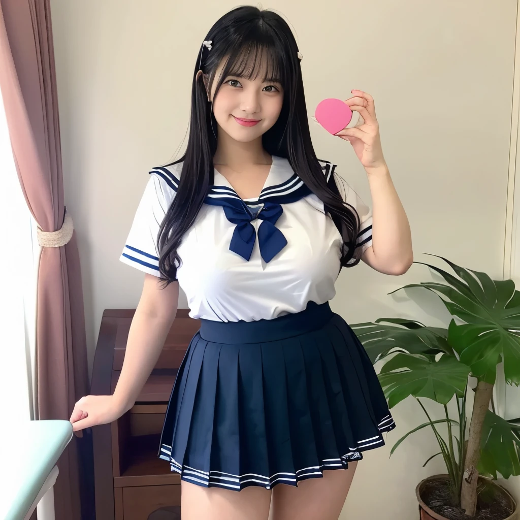 女の子1 person, alone, highest quality, 8k, Japanese women photos, , kindergartenてストレートなBlack Hair,, ((Plump)), ((Big Breasts)),Sailor suit,Sailor suit,, The best smile,Grow eyes, Shining happiness, Caring personality, Sweet feminine aura, Calm but firm attitude, Lightly freckled cheeks, A spirit of warmth and joy, Discreet and perfect for class,Eyes that shine with devotion, a humble and dedicated kindergarten teacher, 1 e the room,超Big Breasts,Big Breasts,Sailor suit,mini skirt,Black HairのストレートLong Hair,Long Hair,Black Hair,17 years old,valley,My chest is abouute pose,Cute pose,Purikura,Purikura,Finger Heart,