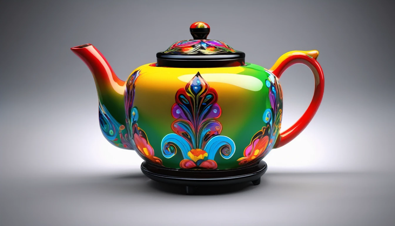 colorful teapot, vivid color, depth of field, clean black background, highly detailed, photorealistic, 8k, masterpiece, hdr, ultra hd