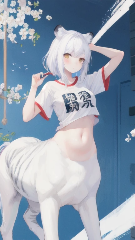 (best quality, masterpiece), 1 girl, centaur, It takes, White skin, Japanese , Sprinter,belly button t-shirt, 아름다운 소녀 perfect white tiger photo, perfect white tiger photo