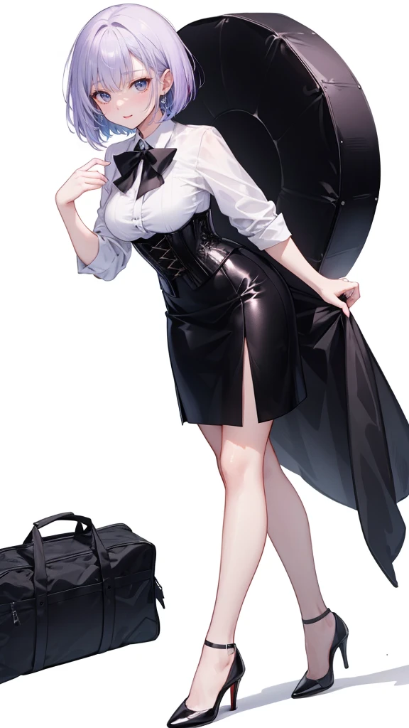 Purple Hair,short bob hair,Adult female,(suit),White Y-shirt,((Rolling up his sleeves)),(corset),(Black tight skirt),(High heels),Heels are visible,((Simple white background)),smile,((whole body)),((full body)),
