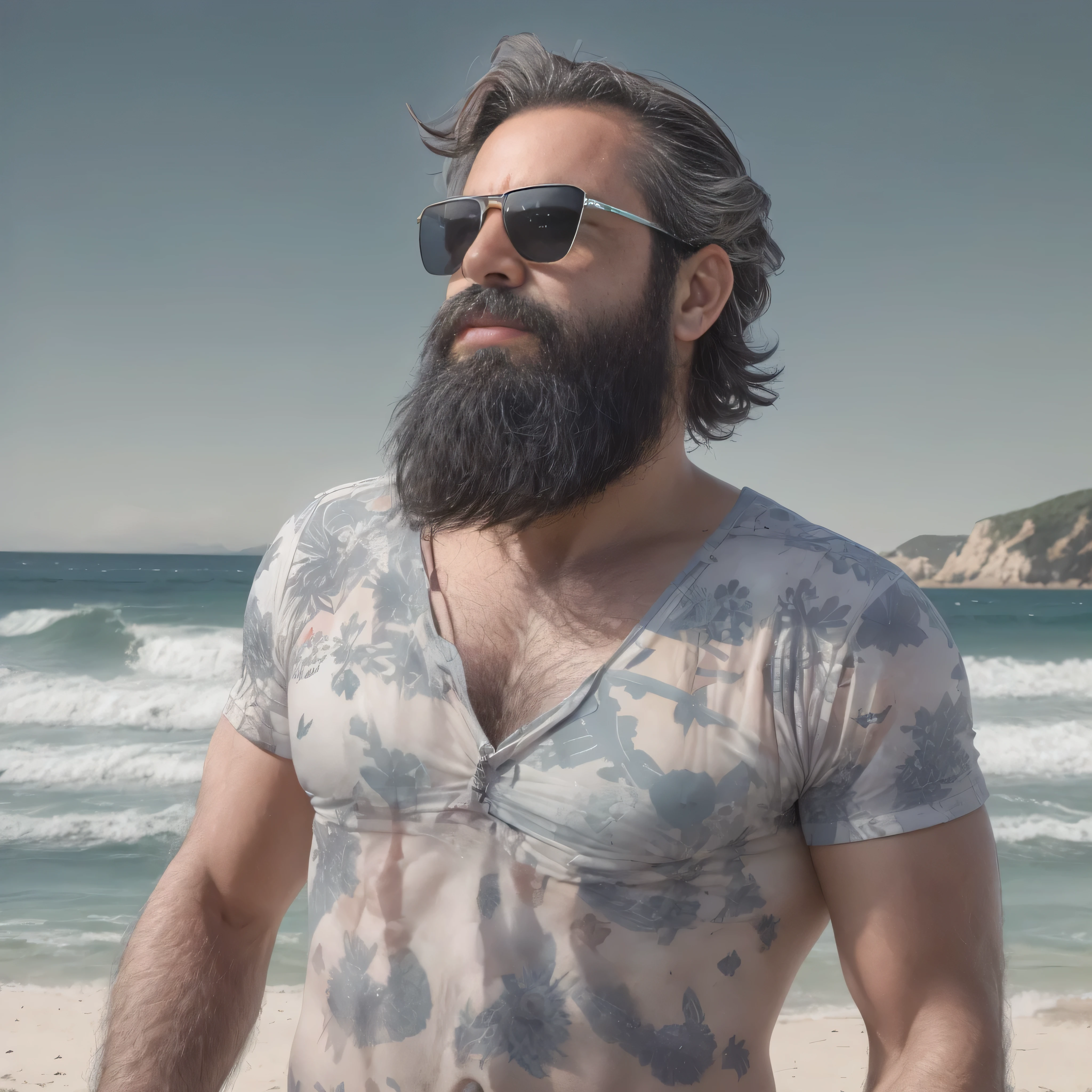 Create an image of a 38-year-old man with a beard and a lot of chest hair. He is wearing sunglasses. The man should have a confident and relaxed expression. The scene is a sunny beach with clear blue skies, soft white sand, and gentle waves in the background. The man is standing near the shoreline with the ocean behind him. He is dressed in casual beach attire, such as swim trunks and flip-flops. The image should be of the highest quality, with textured skin and realistic details.