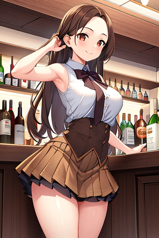 1girl, forehead, breasts, skirt, brown skirt, bar, brown hair, medium hair, cup, smile, standing, mature female, layered skirt, sleeveless