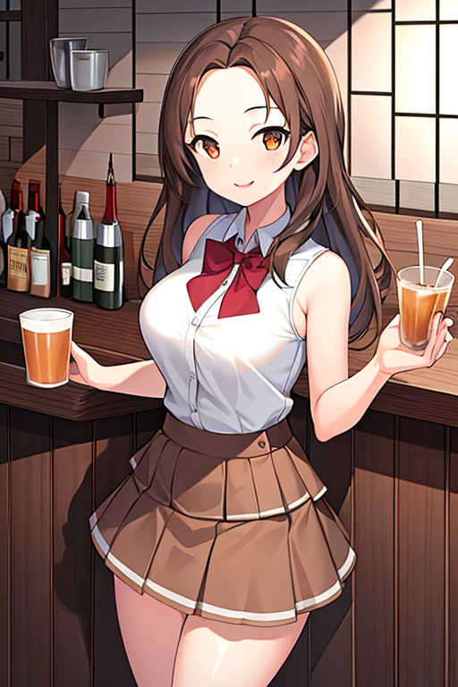 1girl, forehead, breasts, skirt, brown skirt, bar, brown hair, medium hair, cup, smile, standing, mature female, layered skirt, sleeveless